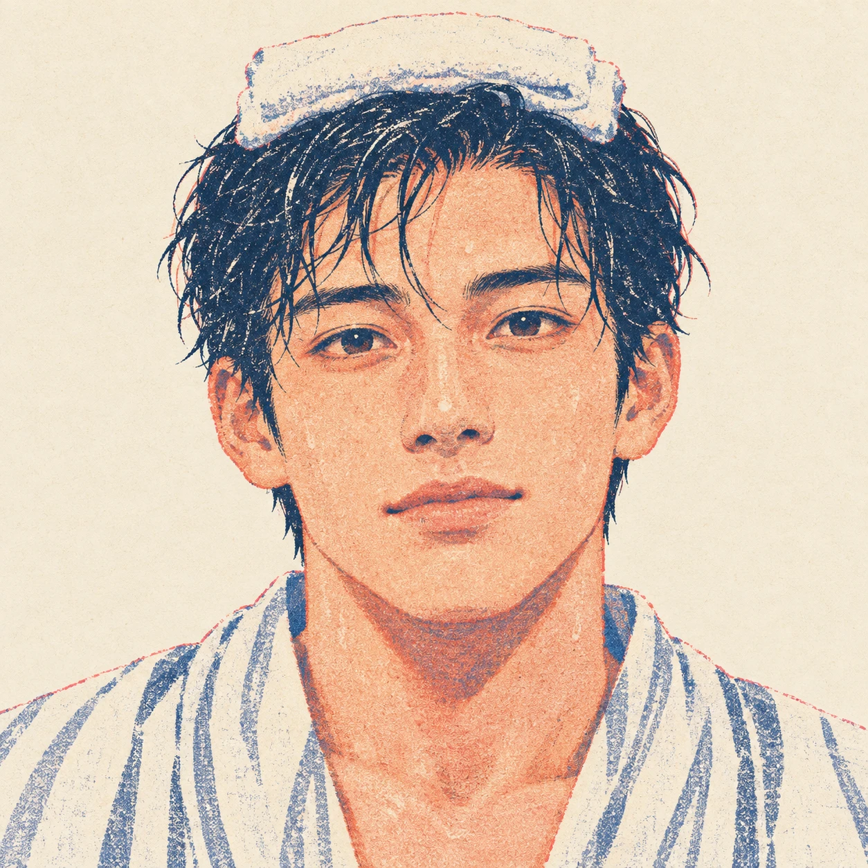 Illustration of one man in a light cotton yukata robe after a hot spring bath with a small folded towel resting on top of his damp hair, his head and shoulders seen straight from the front with both eyes looking at the viewer and a calm closed-mouth expression, closely cropped so the head and shoulders fill most of the picture, hands not visible, a plain pale background behind him, the lower edge left as empty background with nothing written on it (retro print)