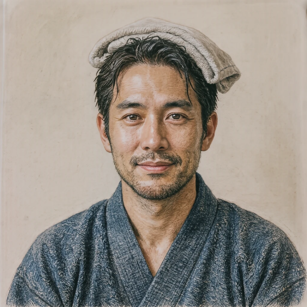 Illustration of one man in a light cotton yukata robe after a hot spring bath with a small folded towel resting on top of his damp hair, his head and shoulders seen straight from the front with both eyes looking at the viewer and a calm closed-mouth expression, closely cropped so the head and shoulders fill most of the picture, hands not visible, a plain pale background behind him, the lower edge left as empty background with nothing written on it (colored pencil)