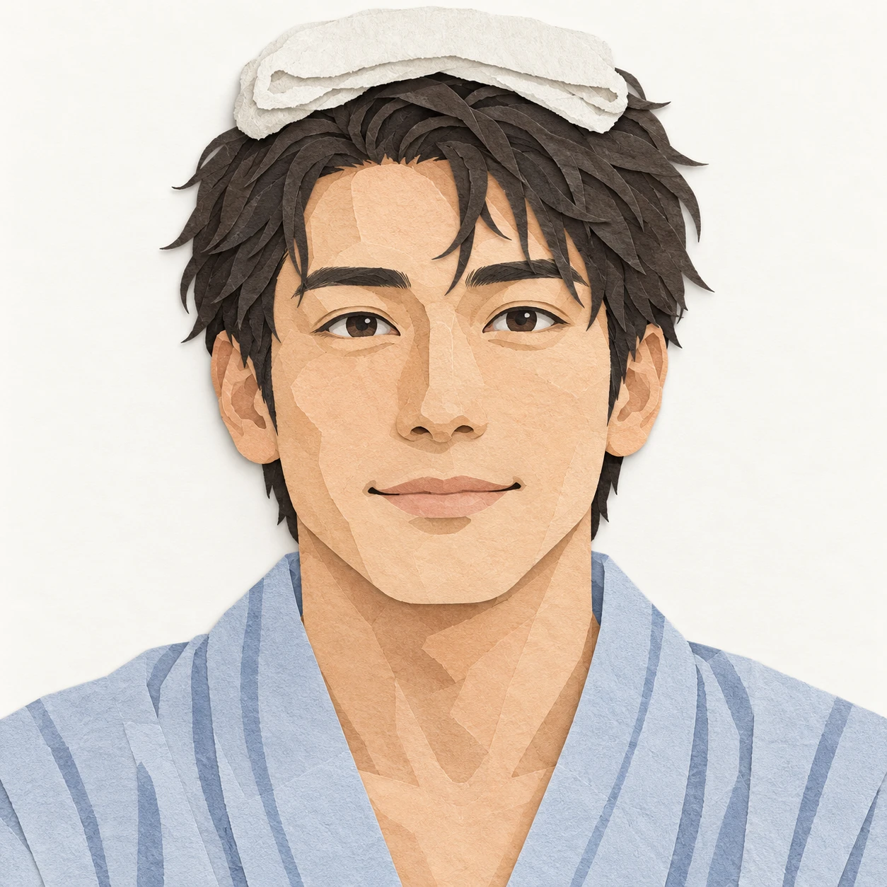 Illustration of one man in a light cotton yukata robe after a hot spring bath with a small folded towel resting on top of his damp hair, his head and shoulders seen straight from the front with both eyes looking at the viewer and a calm closed-mouth expression, closely cropped so the head and shoulders fill most of the picture, hands not visible, a plain pale background behind him, the lower edge left as empty background with nothing written on it (paper cut-out)