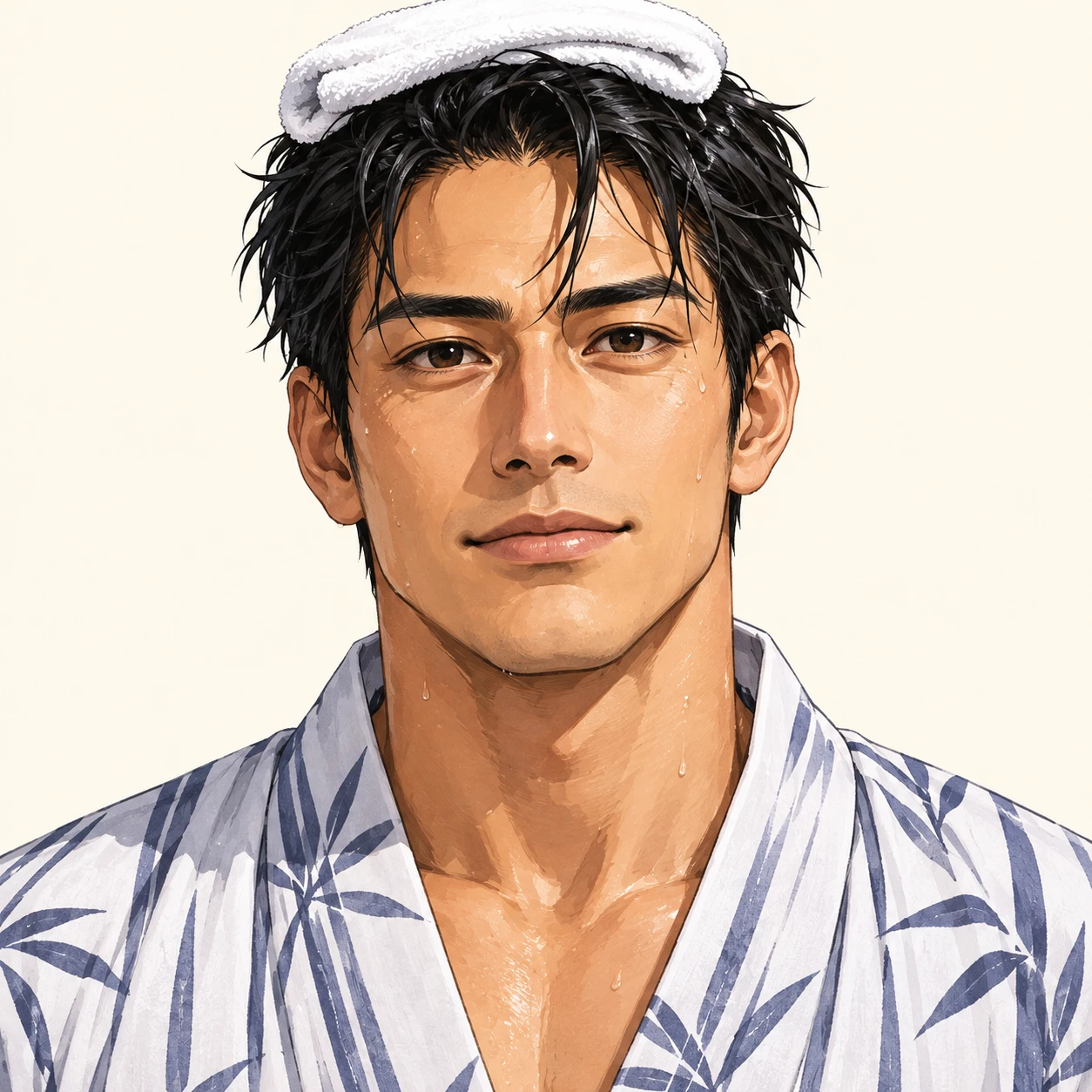 Illustration of one man in a light cotton yukata robe after a hot spring bath with a small folded towel resting on top of his damp hair, his head and shoulders seen straight from the front with both eyes looking at the viewer and a calm closed-mouth expression, closely cropped so the head and shoulders fill most of the picture, hands not visible, a plain pale background behind him, the lower edge left as empty background with nothing written on it (bold graphic)