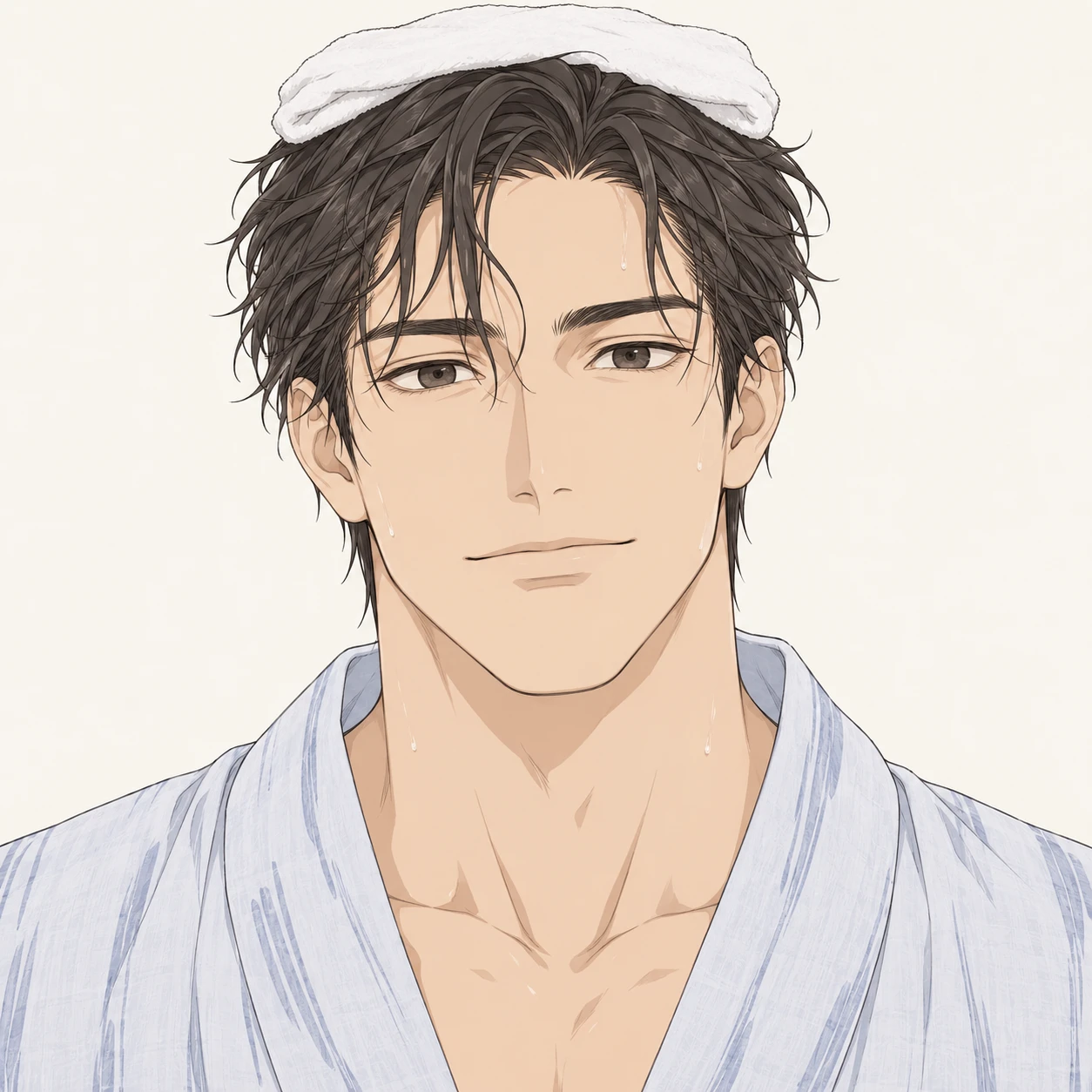 Illustration of one man in a light cotton yukata robe after a hot spring bath with a small folded towel resting on top of his damp hair, his head and shoulders seen straight from the front with both eyes looking at the viewer and a calm closed-mouth expression, closely cropped so the head and shoulders fill most of the picture, hands not visible, a plain pale background behind him, the lower edge left as empty background with nothing written on it (simple line art)