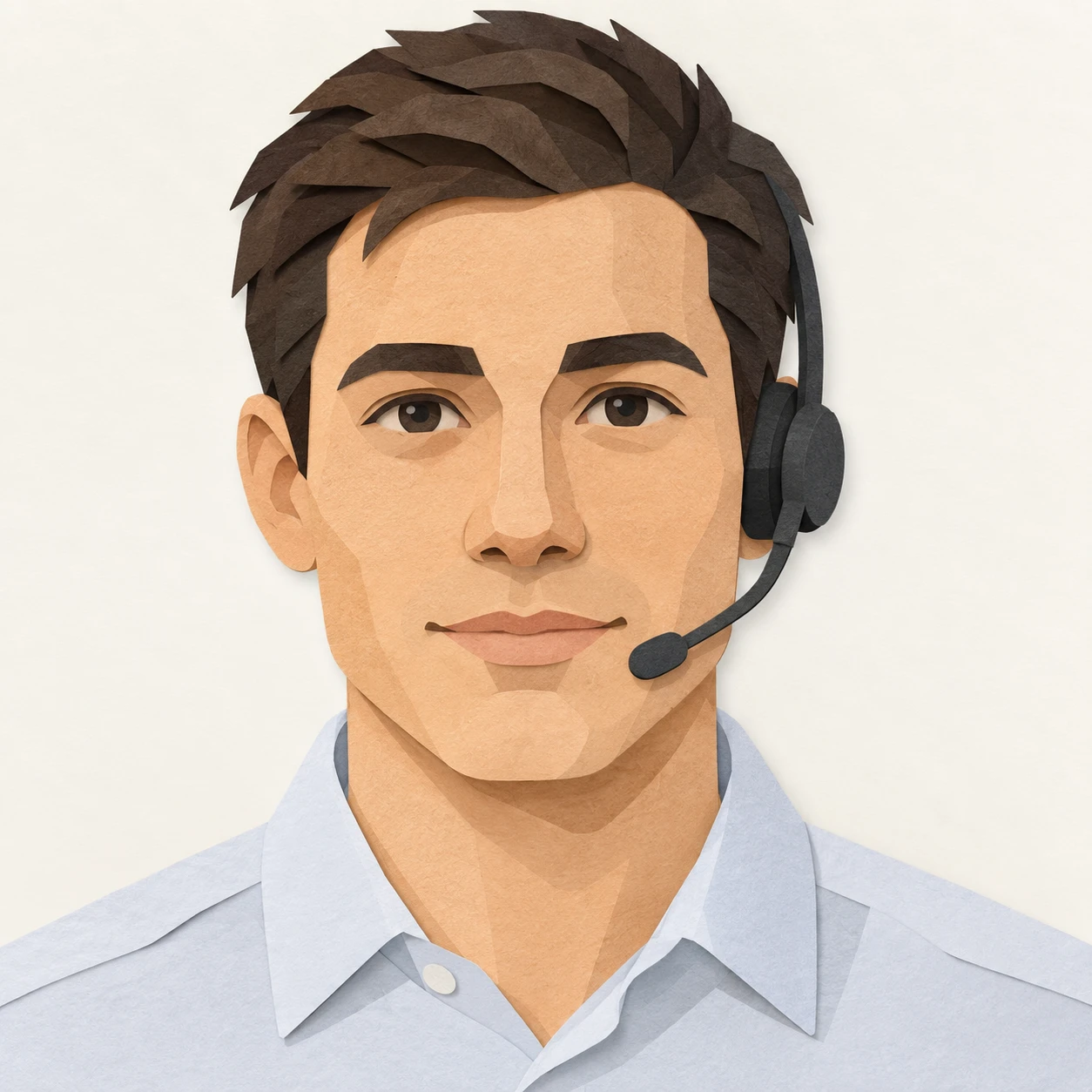 Illustration of one man in a light shirt wearing a slim call headset with short hair, his head and shoulders seen straight from the front with both eyes looking at the viewer and a calm closed-mouth expression, closely cropped so the head and shoulders fill most of the picture, hands not visible, a plain pale background behind him, the lower edge left as empty background with nothing written on it (paper cut-out)