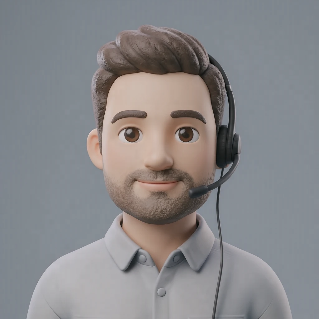 Illustration of one man in a light shirt wearing a slim call headset with short hair, his head and shoulders seen straight from the front with both eyes looking at the viewer and a calm closed-mouth expression, closely cropped so the head and shoulders fill most of the picture, hands not visible, a plain pale background behind him, the lower edge left as empty background with nothing written on it (soft 3D)