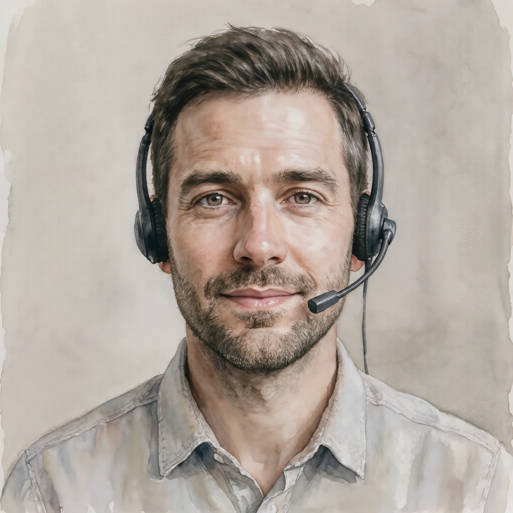 Illustration of one man in a light shirt wearing a slim call headset with short hair, his head and shoulders seen straight from the front with both eyes looking at the viewer and a calm closed-mouth expression, closely cropped so the head and shoulders fill most of the picture, hands not visible, a plain pale background behind him, the lower edge left as empty background with nothing written on it (watercolor)