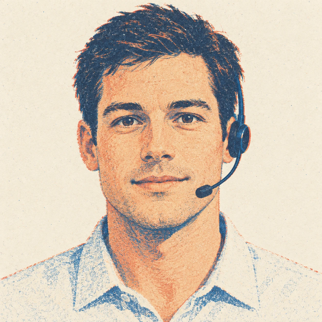 Illustration of one man in a light shirt wearing a slim call headset with short hair, his head and shoulders seen straight from the front with both eyes looking at the viewer and a calm closed-mouth expression, closely cropped so the head and shoulders fill most of the picture, hands not visible, a plain pale background behind him, the lower edge left as empty background with nothing written on it (retro print)