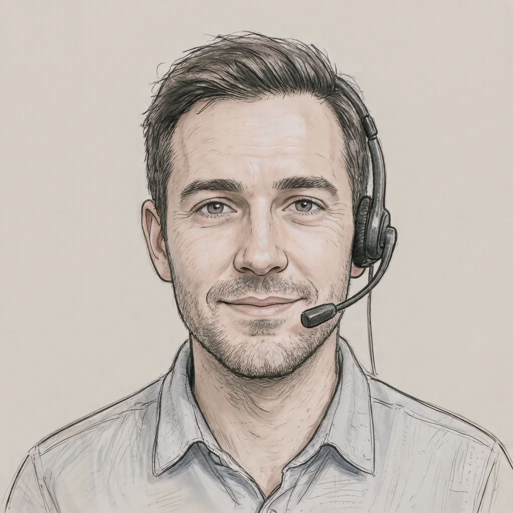 Illustration of one man in a light shirt wearing a slim call headset with short hair, his head and shoulders seen straight from the front with both eyes looking at the viewer and a calm closed-mouth expression, closely cropped so the head and shoulders fill most of the picture, hands not visible, a plain pale background behind him, the lower edge left as empty background with nothing written on it (hand-drawn)