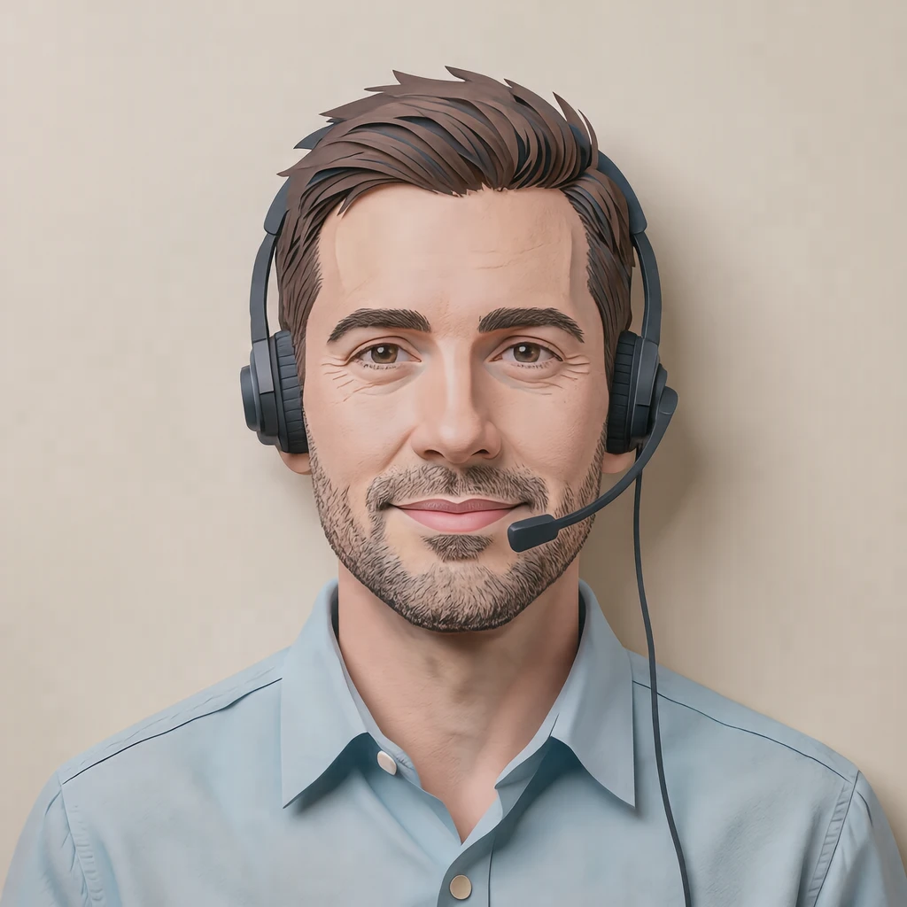Illustration of one man in a light shirt wearing a slim call headset with short hair, his head and shoulders seen straight from the front with both eyes looking at the viewer and a calm closed-mouth expression, closely cropped so the head and shoulders fill most of the picture, hands not visible, a plain pale background behind him, the lower edge left as empty background with nothing written on it (paper cut-out)