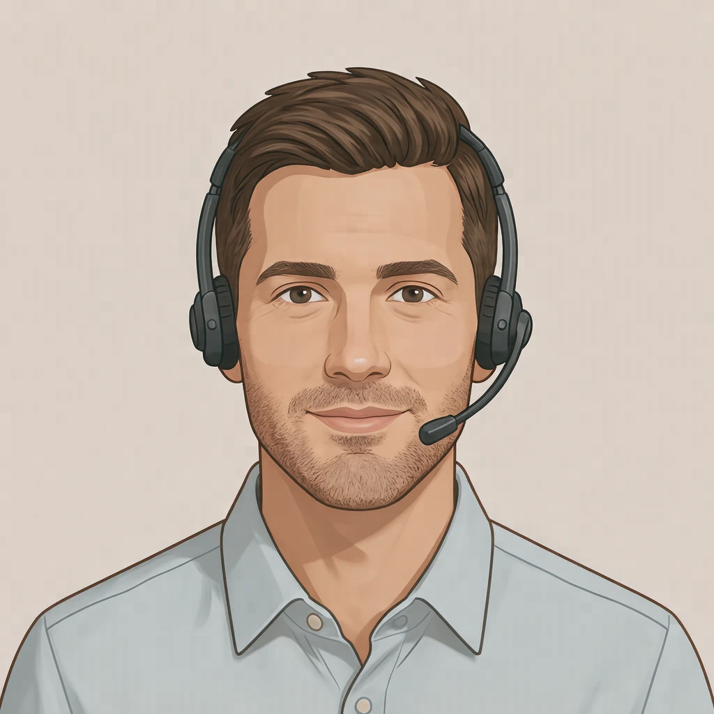 Illustration of one man in a light shirt wearing a slim call headset with short hair, his head and shoulders seen straight from the front with both eyes looking at the viewer and a calm closed-mouth expression, closely cropped so the head and shoulders fill most of the picture, hands not visible, a plain pale background behind him, the lower edge left as empty background with nothing written on it (isometric)