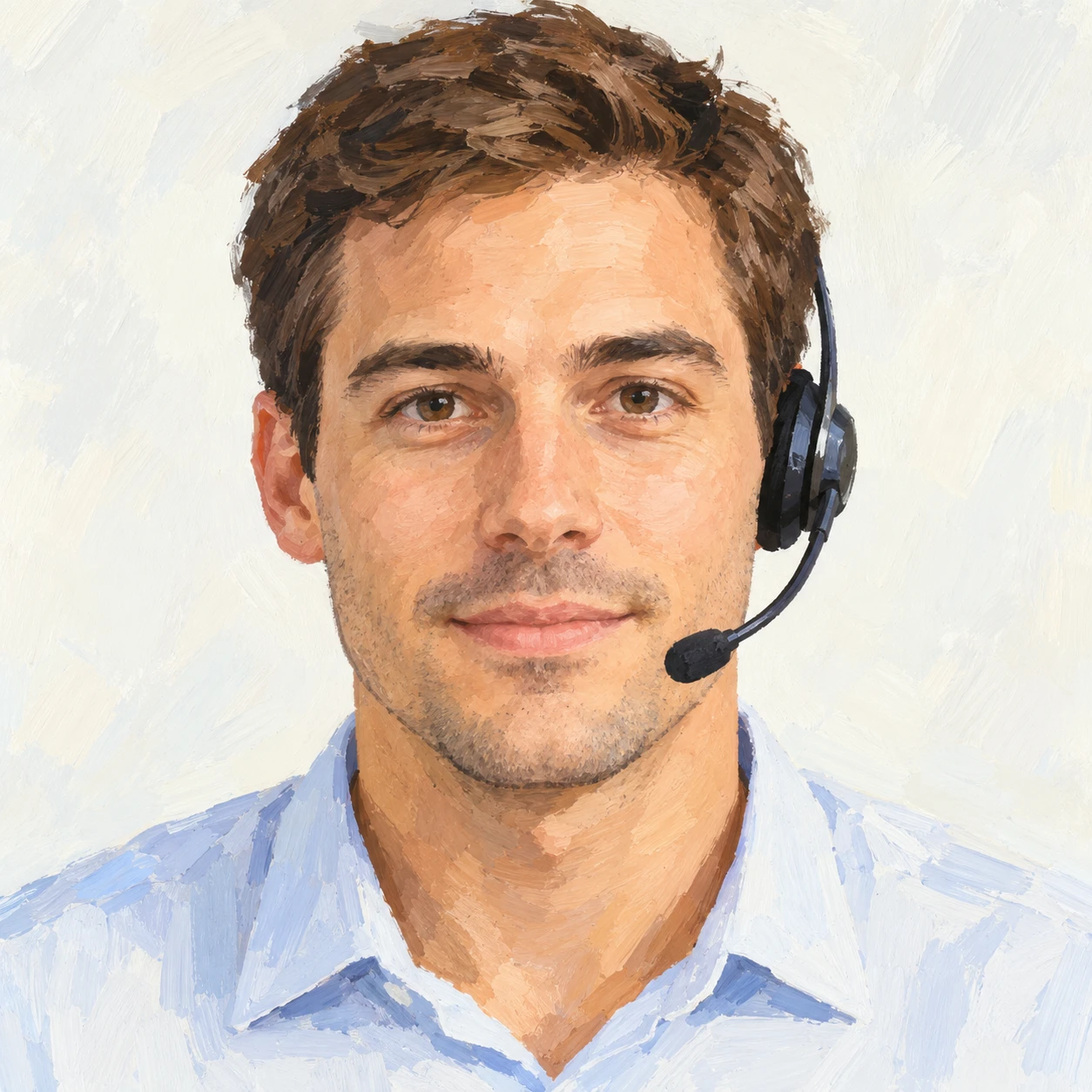 Illustration of one man in a light shirt wearing a slim call headset with short hair, his head and shoulders seen straight from the front with both eyes looking at the viewer and a calm closed-mouth expression, closely cropped so the head and shoulders fill most of the picture, hands not visible, a plain pale background behind him, the lower edge left as empty background with nothing written on it (gouache)