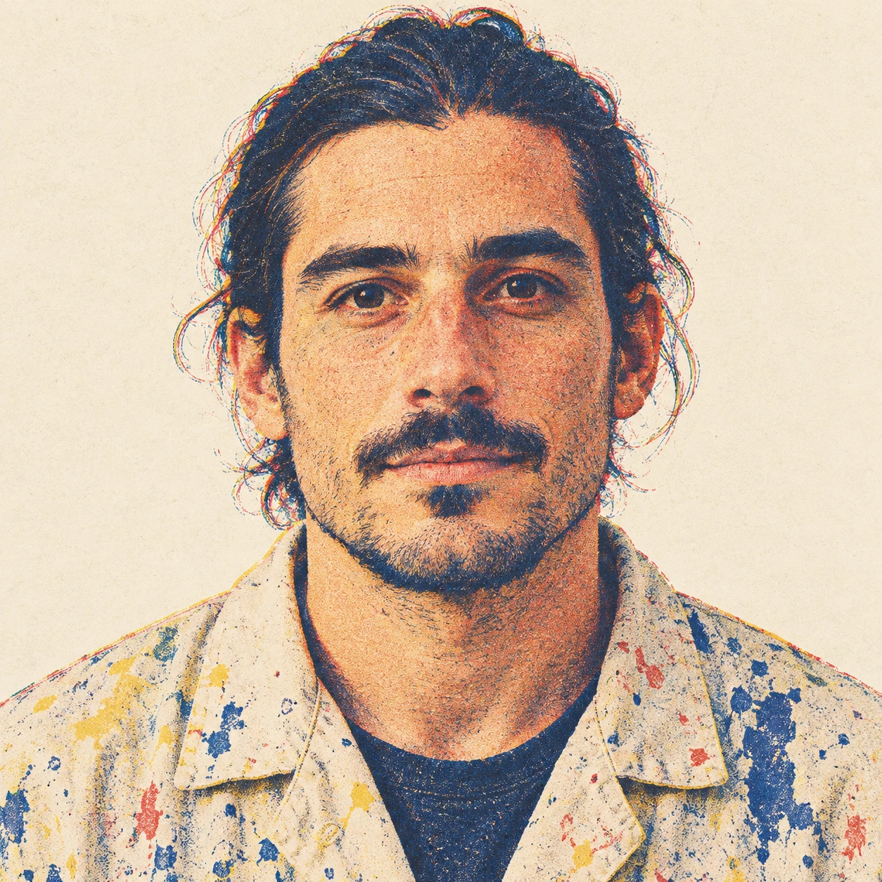 Illustration of one man in a paint flecked smock with dark hair tied back, his head and shoulders seen straight from the front with both eyes looking at the viewer and a calm closed-mouth expression, closely cropped so the head and shoulders fill most of the picture, hands not visible, a plain pale background behind him, the lower edge left as empty background with nothing written on it (retro print)