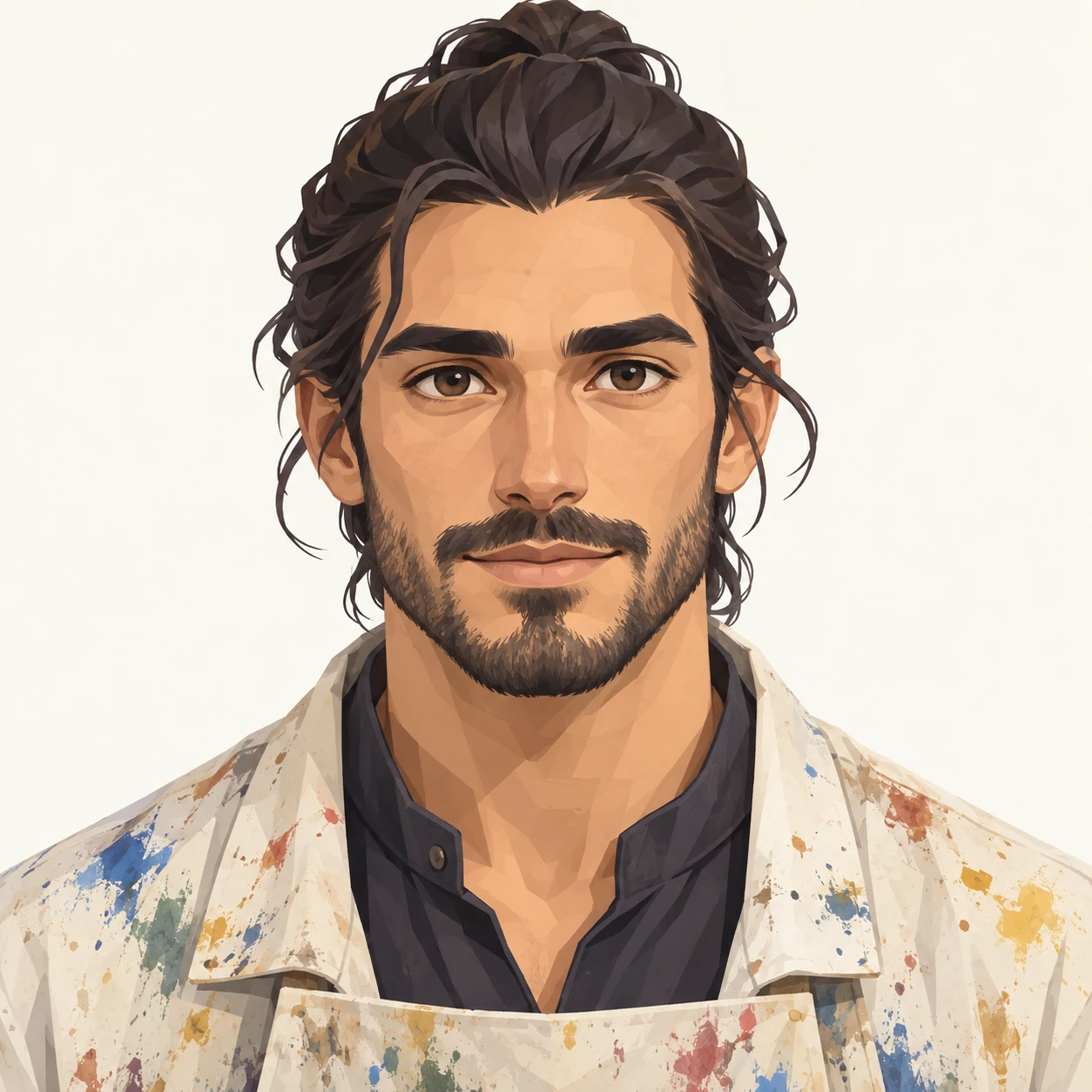 無地を背にした正面向きの絵の具のついたスモックの男性のイラスト（アイソメトリック）