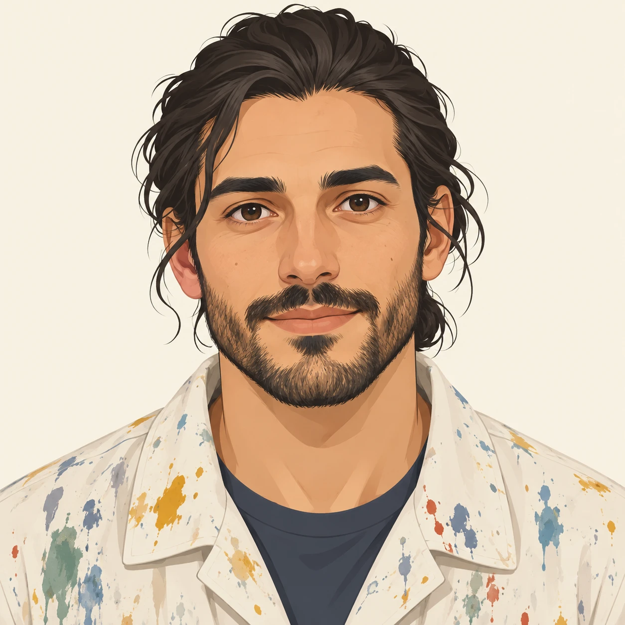 Illustration of one man in a paint flecked smock with dark hair tied back, his head and shoulders seen straight from the front with both eyes looking at the viewer and a calm closed-mouth expression, closely cropped so the head and shoulders fill most of the picture, hands not visible, a plain pale background behind him, the lower edge left as empty background with nothing written on it (flat illustration)