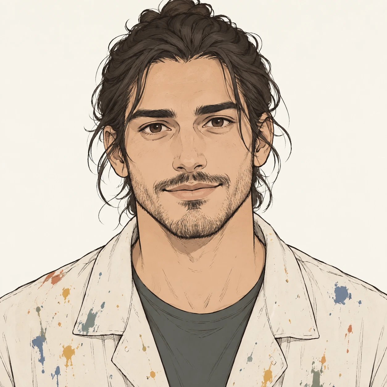 絵の具のついたスモックを着た男性のプロフィール用画像（シンプル線画）