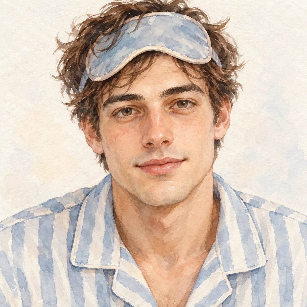 Illustration of one man in soft striped pajamas with a sleep mask pushed up onto his tousled hair, his head and shoulders seen straight from the front with both eyes looking at the viewer and a calm closed-mouth expression, closely cropped so the head and shoulders fill most of the picture, hands not visible, a plain pale background behind him, the lower edge left as empty background with nothing written on it (watercolor)
