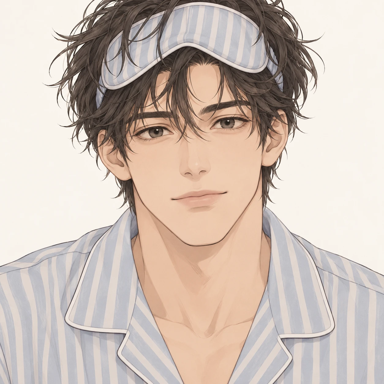 Illustration of one man in soft striped pajamas with a sleep mask pushed up onto his tousled hair, his head and shoulders seen straight from the front with both eyes looking at the viewer and a calm closed-mouth expression, closely cropped so the head and shoulders fill most of the picture, hands not visible, a plain pale background behind him, the lower edge left as empty background with nothing written on it (simple line art)