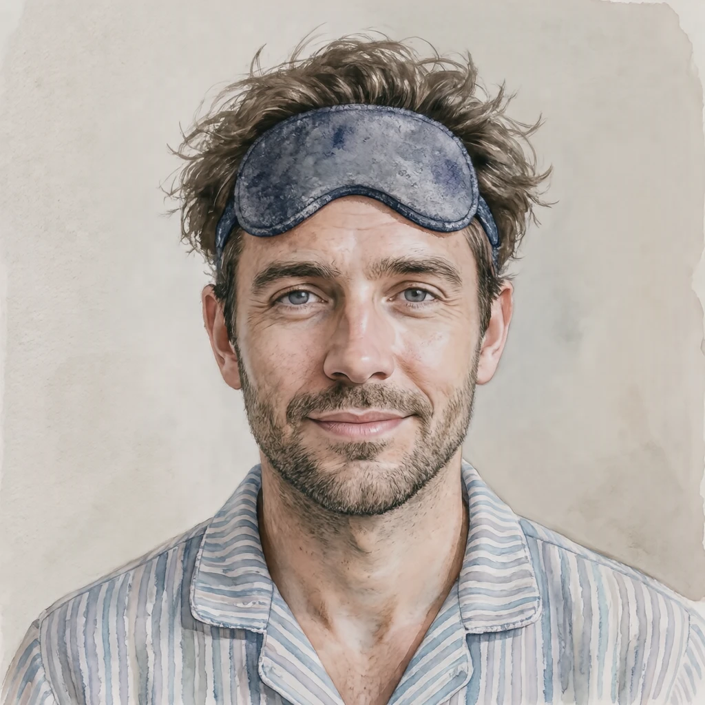 Illustration of one man in soft striped pajamas with a sleep mask pushed up onto his tousled hair, his head and shoulders seen straight from the front with both eyes looking at the viewer and a calm closed-mouth expression, closely cropped so the head and shoulders fill most of the picture, hands not visible, a plain pale background behind him, the lower edge left as empty background with nothing written on it (watercolor)