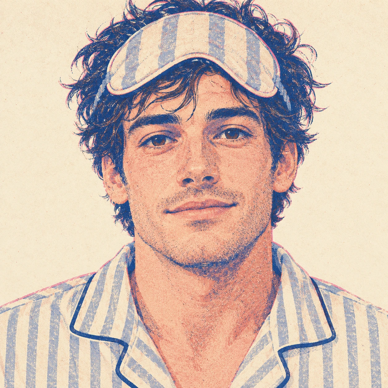 Illustration of one man in soft striped pajamas with a sleep mask pushed up onto his tousled hair, his head and shoulders seen straight from the front with both eyes looking at the viewer and a calm closed-mouth expression, closely cropped so the head and shoulders fill most of the picture, hands not visible, a plain pale background behind him, the lower edge left as empty background with nothing written on it (retro print)