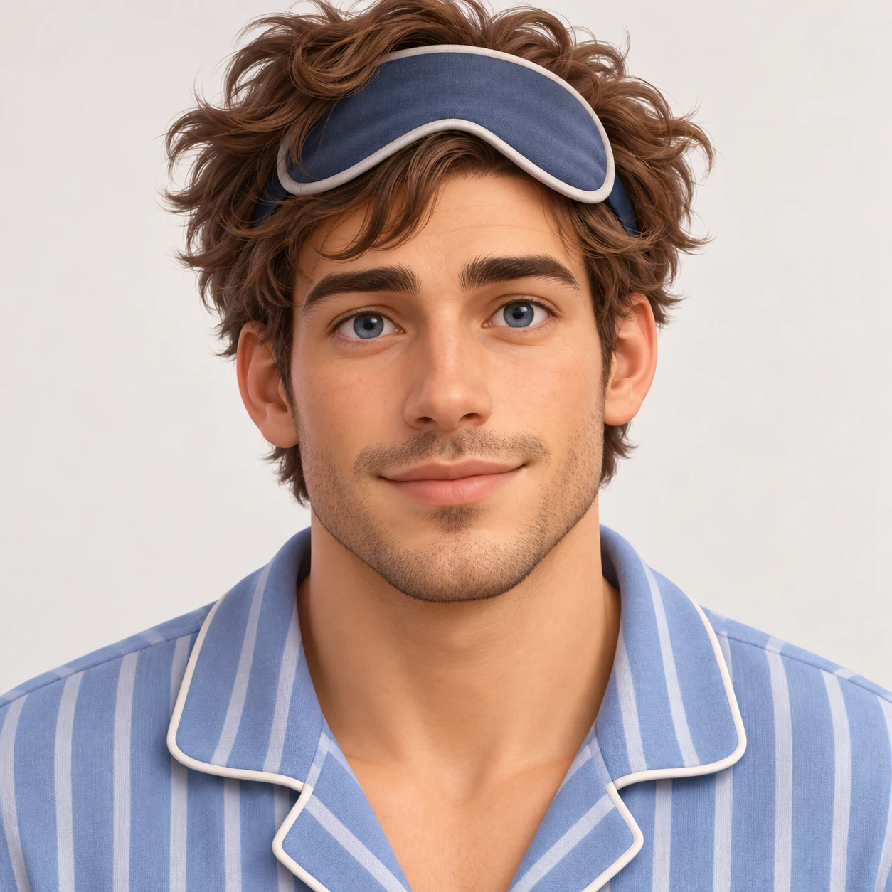 Illustration of one man in soft striped pajamas with a sleep mask pushed up onto his tousled hair, his head and shoulders seen straight from the front with both eyes looking at the viewer and a calm closed-mouth expression, closely cropped so the head and shoulders fill most of the picture, hands not visible, a plain pale background behind him, the lower edge left as empty background with nothing written on it (soft 3D)