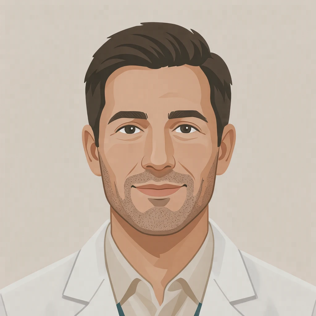 Illustration of one man in a short white pharmacy coat over a pale shirt with neat dark hair, his head and shoulders seen straight from the front with both eyes looking at the viewer and a calm closed-mouth expression, closely cropped so the head and shoulders fill most of the picture, hands not visible, a plain pale background behind him, the lower edge left as empty background with nothing written on it (flat illustration)