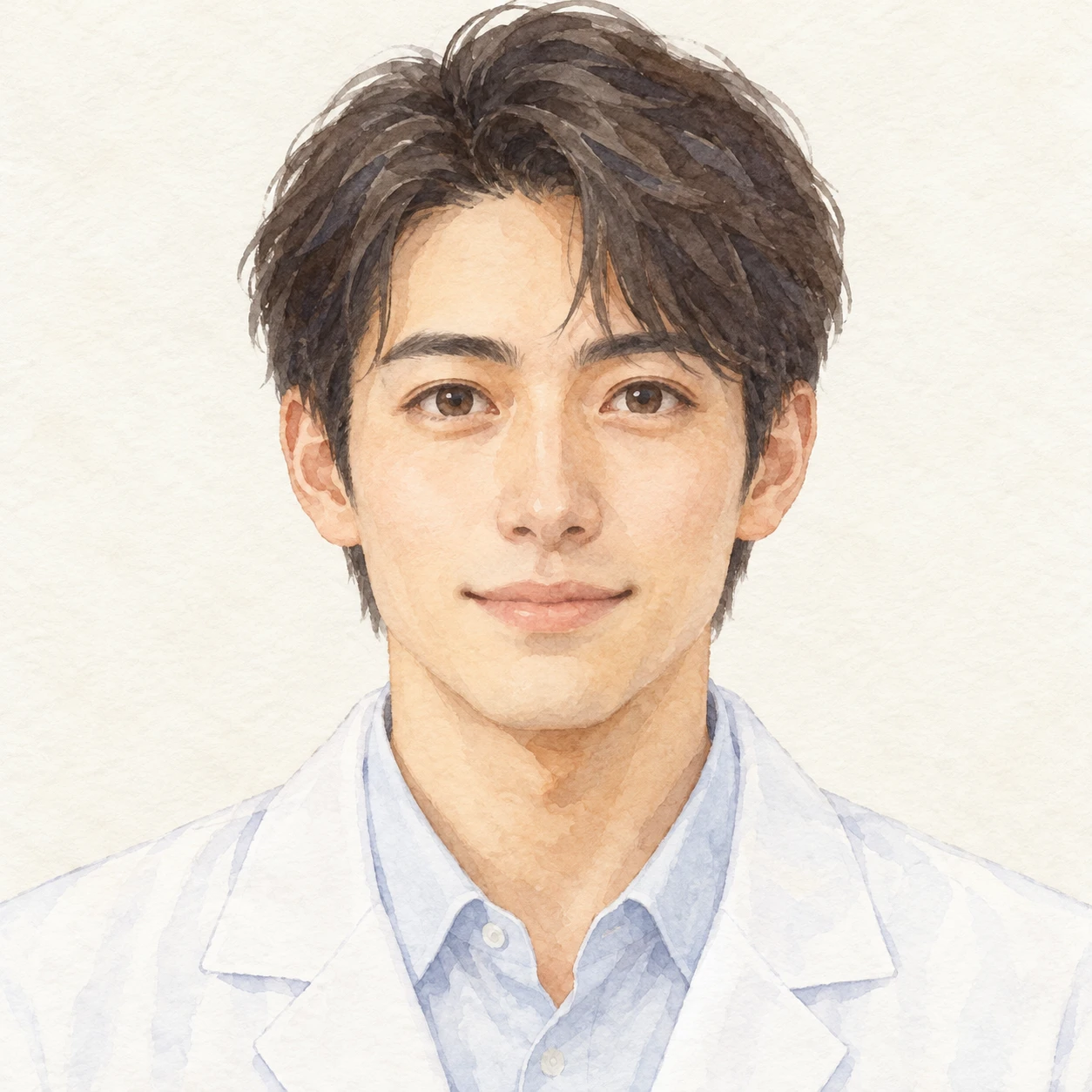 Illustration of one man in a short white pharmacy coat over a pale shirt with neat dark hair, his head and shoulders seen straight from the front with both eyes looking at the viewer and a calm closed-mouth expression, closely cropped so the head and shoulders fill most of the picture, hands not visible, a plain pale background behind him, the lower edge left as empty background with nothing written on it (watercolor)