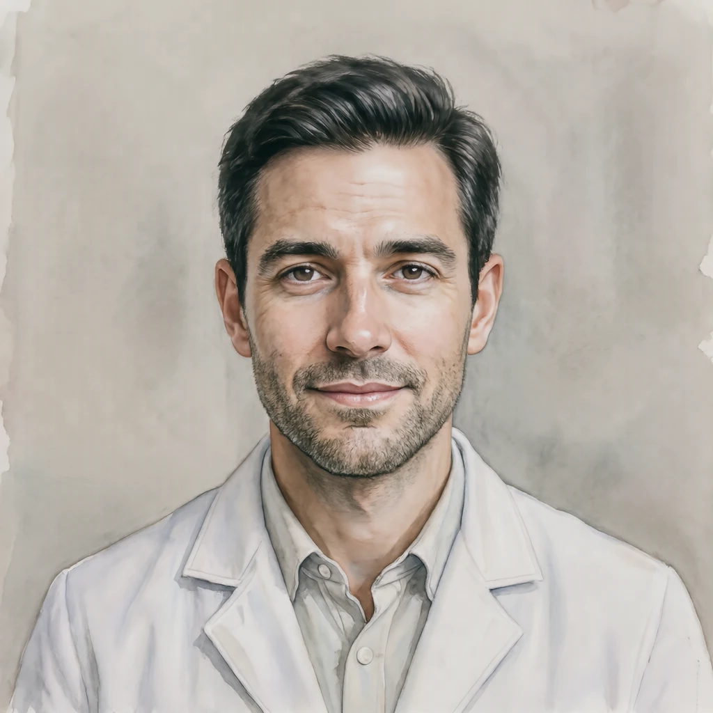 Illustration of one man in a short white pharmacy coat over a pale shirt with neat dark hair, his head and shoulders seen straight from the front with both eyes looking at the viewer and a calm closed-mouth expression, closely cropped so the head and shoulders fill most of the picture, hands not visible, a plain pale background behind him, the lower edge left as empty background with nothing written on it (watercolor)