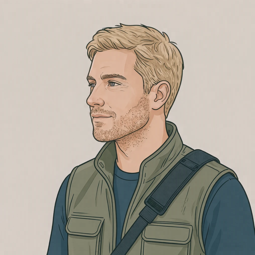 Illustration of one man in a utility vest with a camera strap over one shoulder and sandy blonde hair, his head and shoulders seen in full profile from the side with his gaze level ahead and a calm closed-mouth expression, closely cropped so the head and shoulders fill most of the picture, hands not visible, a plain pale background behind him, the lower edge left as empty background with nothing written on it (simple line art)