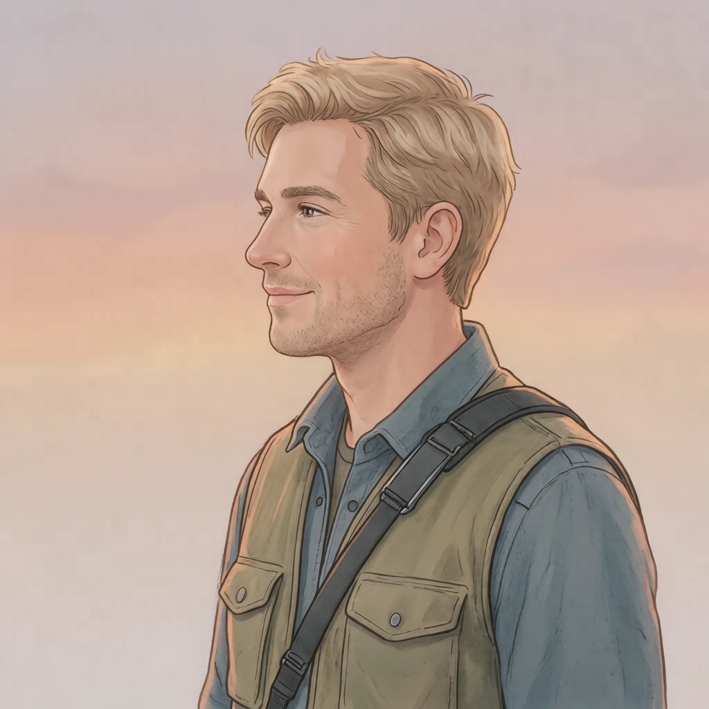 Illustration of one man in a utility vest with a camera strap over one shoulder and sandy blonde hair, his head and shoulders seen in full profile from the side with his gaze level ahead and a calm closed-mouth expression, closely cropped so the head and shoulders fill most of the picture, hands not visible, a plain pale background behind him, the lower edge left as empty background with nothing written on it (soft pastel)