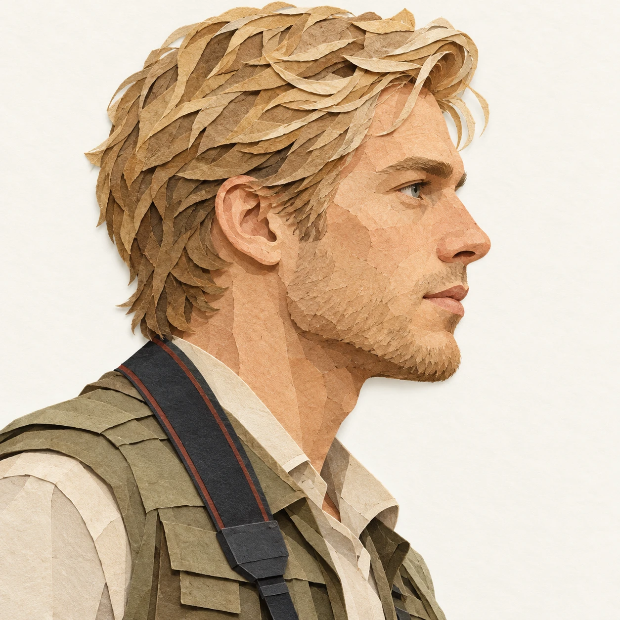 Illustration of one man in a utility vest with a camera strap over one shoulder and sandy blonde hair, his head and shoulders seen in full profile from the side with his gaze level ahead and a calm closed-mouth expression, closely cropped so the head and shoulders fill most of the picture, hands not visible, a plain pale background behind him, the lower edge left as empty background with nothing written on it (paper cut-out)