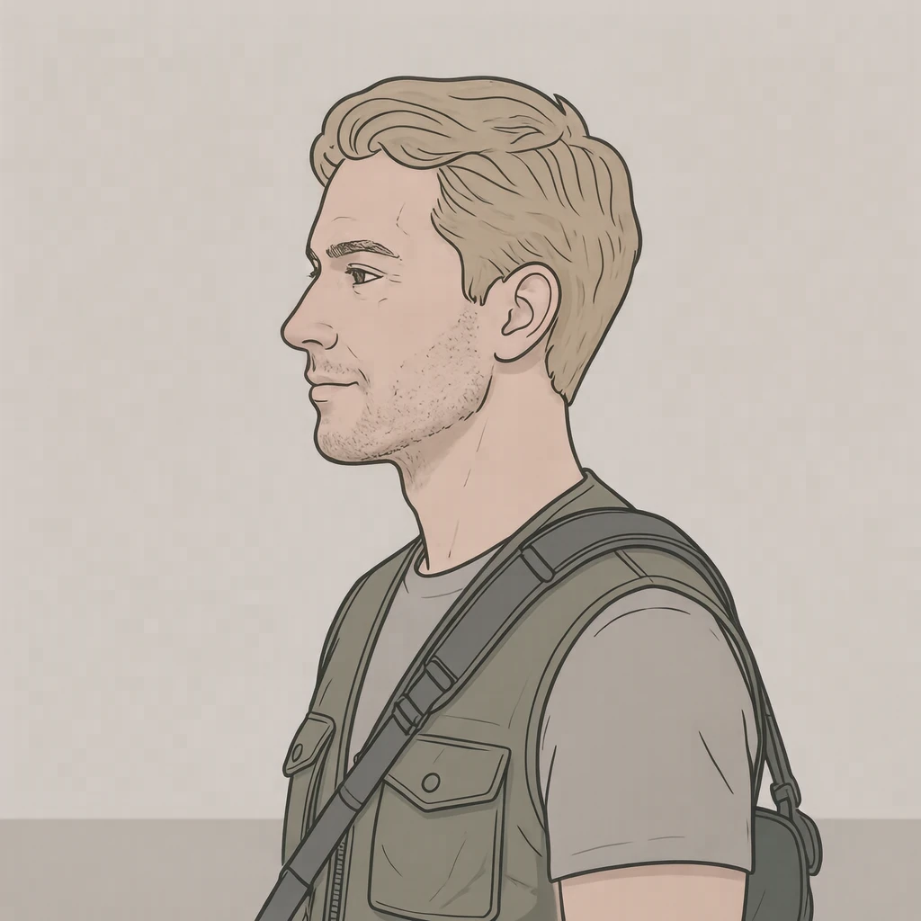 Illustration of one man in a utility vest with a camera strap over one shoulder and sandy blonde hair, his head and shoulders seen in full profile from the side with his gaze level ahead and a calm closed-mouth expression, closely cropped so the head and shoulders fill most of the picture, hands not visible, a plain pale background behind him, the lower edge left as empty background with nothing written on it (simple line art)
