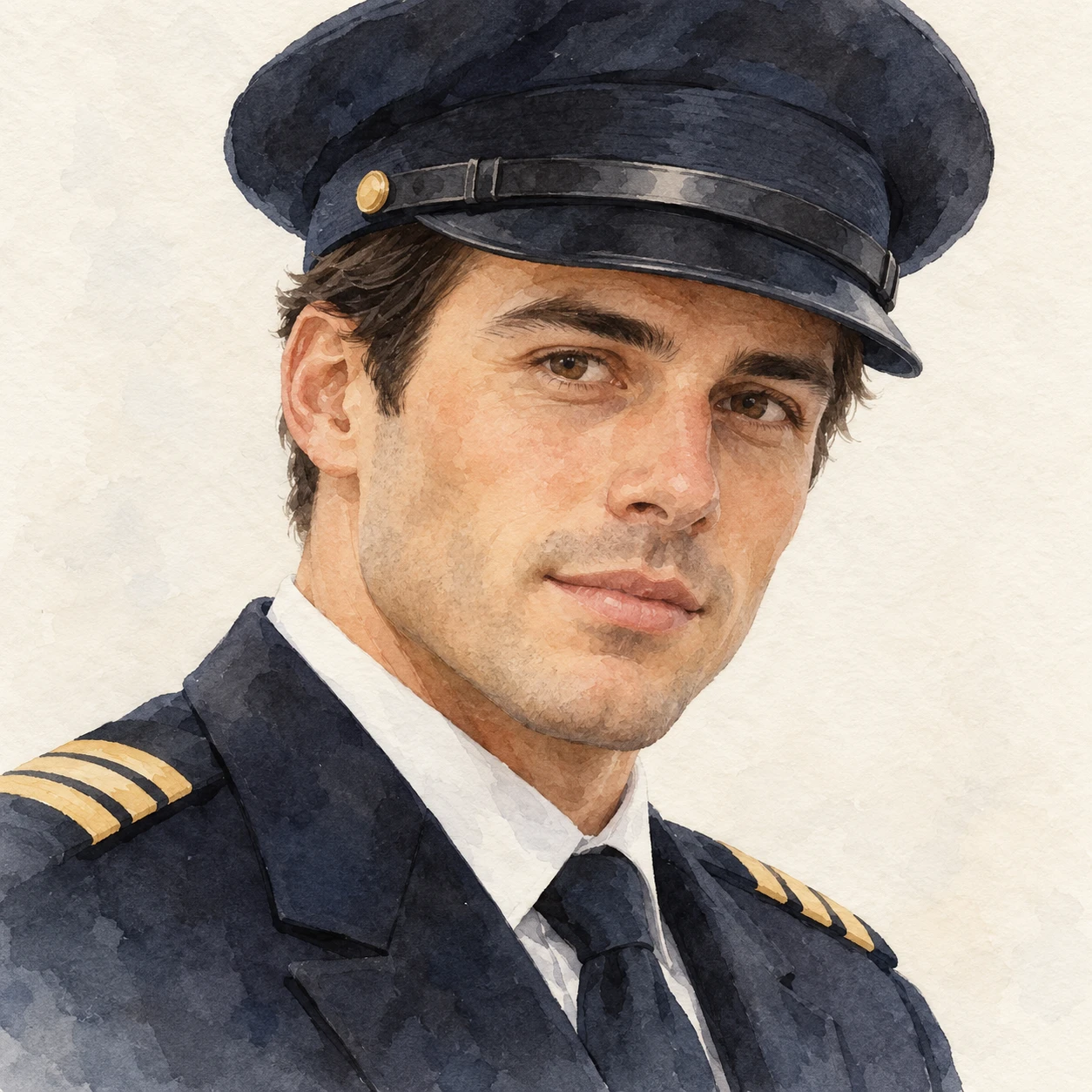 Illustration of one man in a dark pilot's uniform jacket with plain gold stripes on the shoulders and a plain dark peaked pilot's cap, his head and shoulders seen at a three-quarter angle with his face turned slightly to one side, both eyes visible and looking at the viewer with a calm closed-mouth expression, closely cropped so the head and shoulders fill most of the picture, hands not visible, a plain pale background behind him, the lower edge left as empty background with nothing written on it (watercolor)