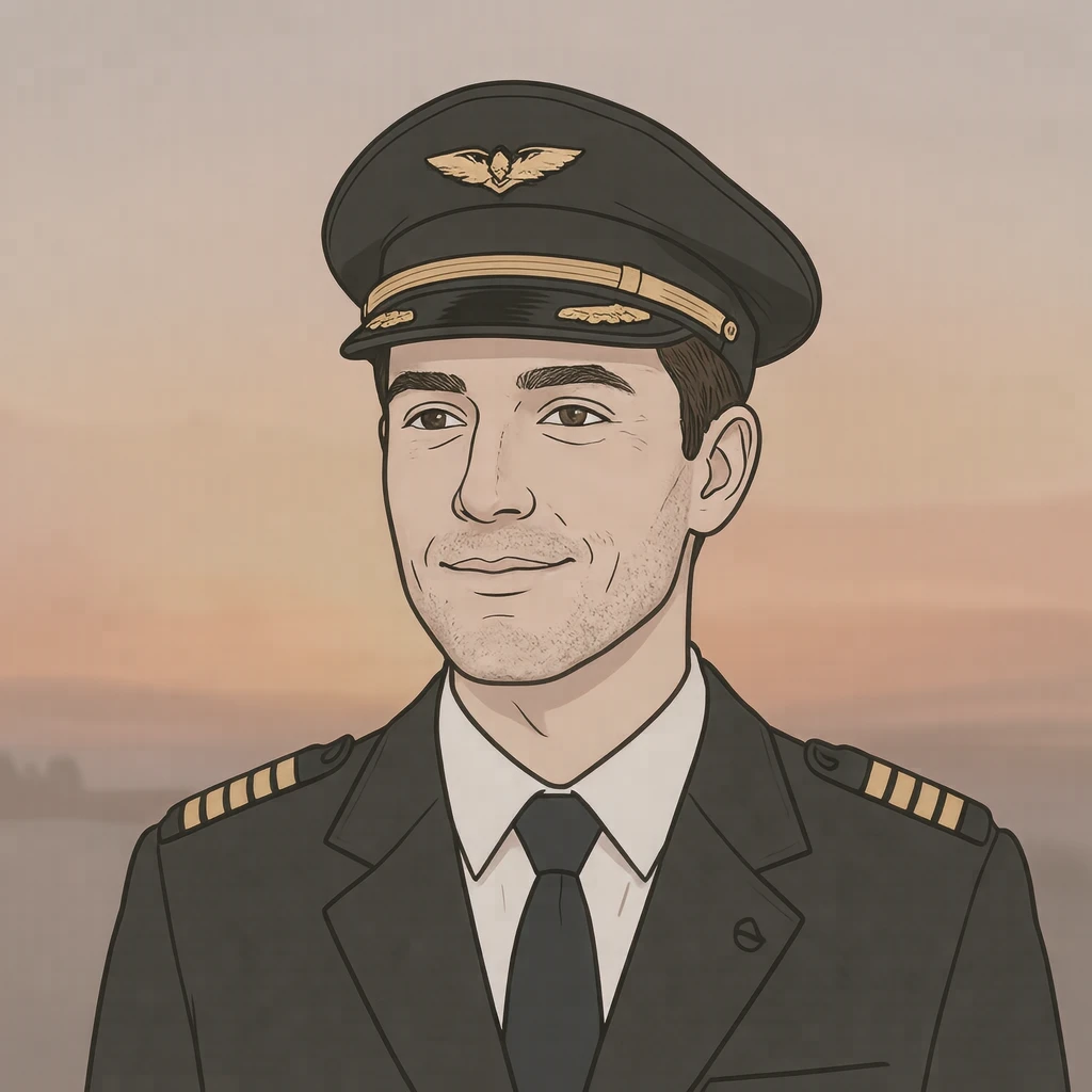 Illustration of one man in a dark pilot's uniform jacket with plain gold stripes on the shoulders and a plain dark peaked pilot's cap, his head and shoulders seen at a three-quarter angle with his face turned slightly to one side, both eyes visible and looking at the viewer with a calm closed-mouth expression, closely cropped so the head and shoulders fill most of the picture, hands not visible, a plain pale background behind him, the lower edge left as empty background with nothing written on it (simple line art)