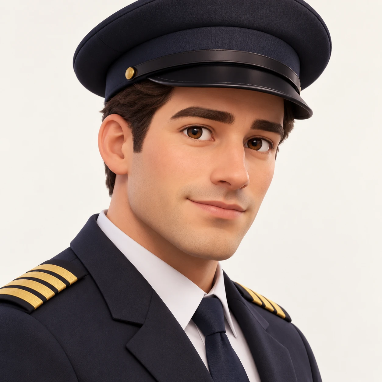Illustration of one man in a dark pilot's uniform jacket with plain gold stripes on the shoulders and a plain dark peaked pilot's cap, his head and shoulders seen at a three-quarter angle with his face turned slightly to one side, both eyes visible and looking at the viewer with a calm closed-mouth expression, closely cropped so the head and shoulders fill most of the picture, hands not visible, a plain pale background behind him, the lower edge left as empty background with nothing written on it (soft 3D)