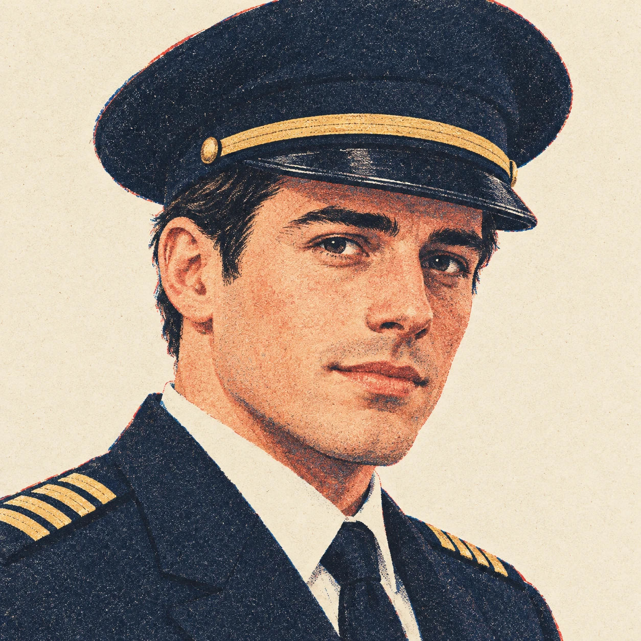 Illustration of one man in a dark pilot's uniform jacket with plain gold stripes on the shoulders and a plain dark peaked pilot's cap, his head and shoulders seen at a three-quarter angle with his face turned slightly to one side, both eyes visible and looking at the viewer with a calm closed-mouth expression, closely cropped so the head and shoulders fill most of the picture, hands not visible, a plain pale background behind him, the lower edge left as empty background with nothing written on it (retro print)