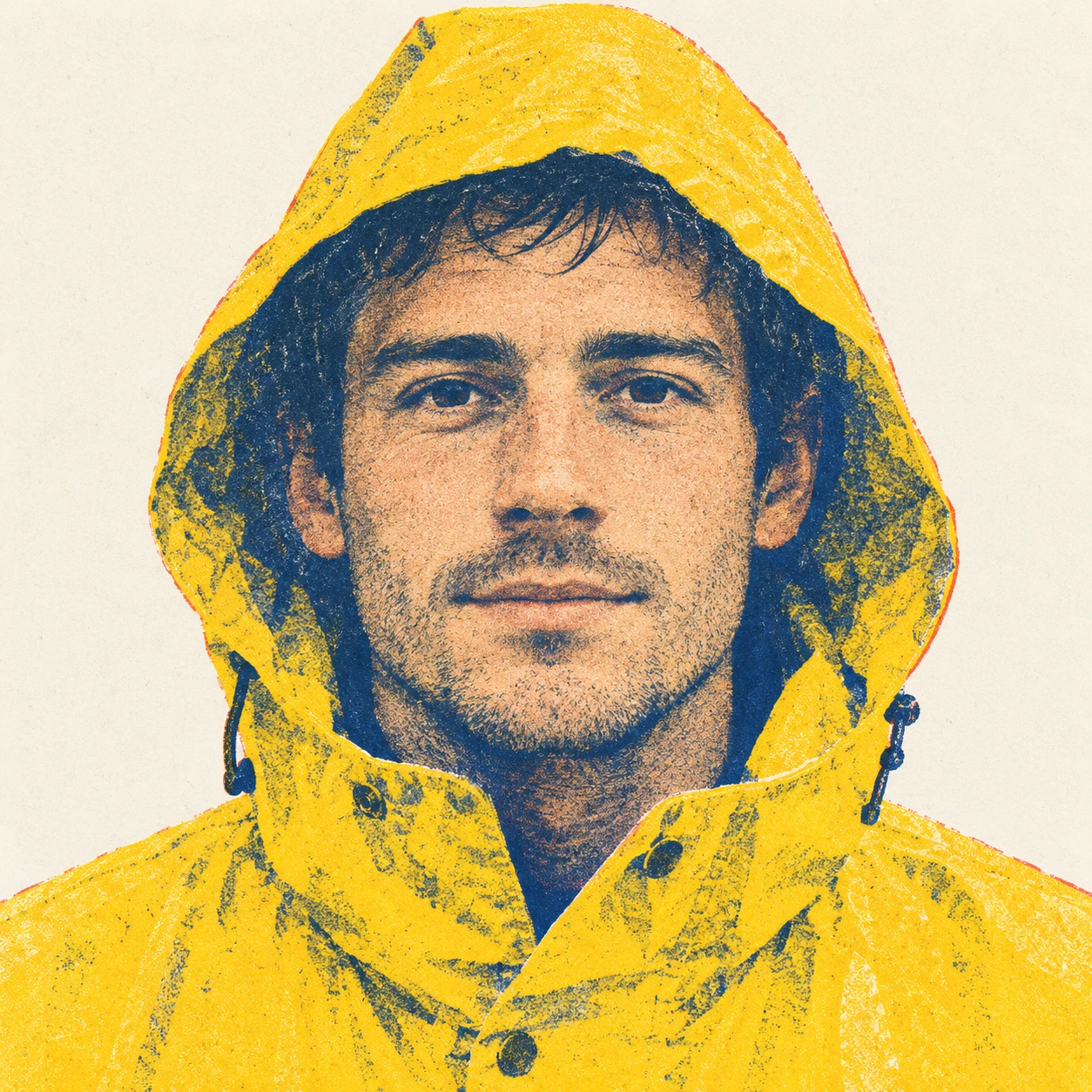 Illustration of one man in a bright yellow raincoat with the hood pulled up over short hair, his head and shoulders seen straight from the front with both eyes looking at the viewer and a calm closed-mouth expression, closely cropped so the head and shoulders fill most of the picture, hands not visible, a plain pale background behind him, the lower edge left as empty background with nothing written on it (retro print)