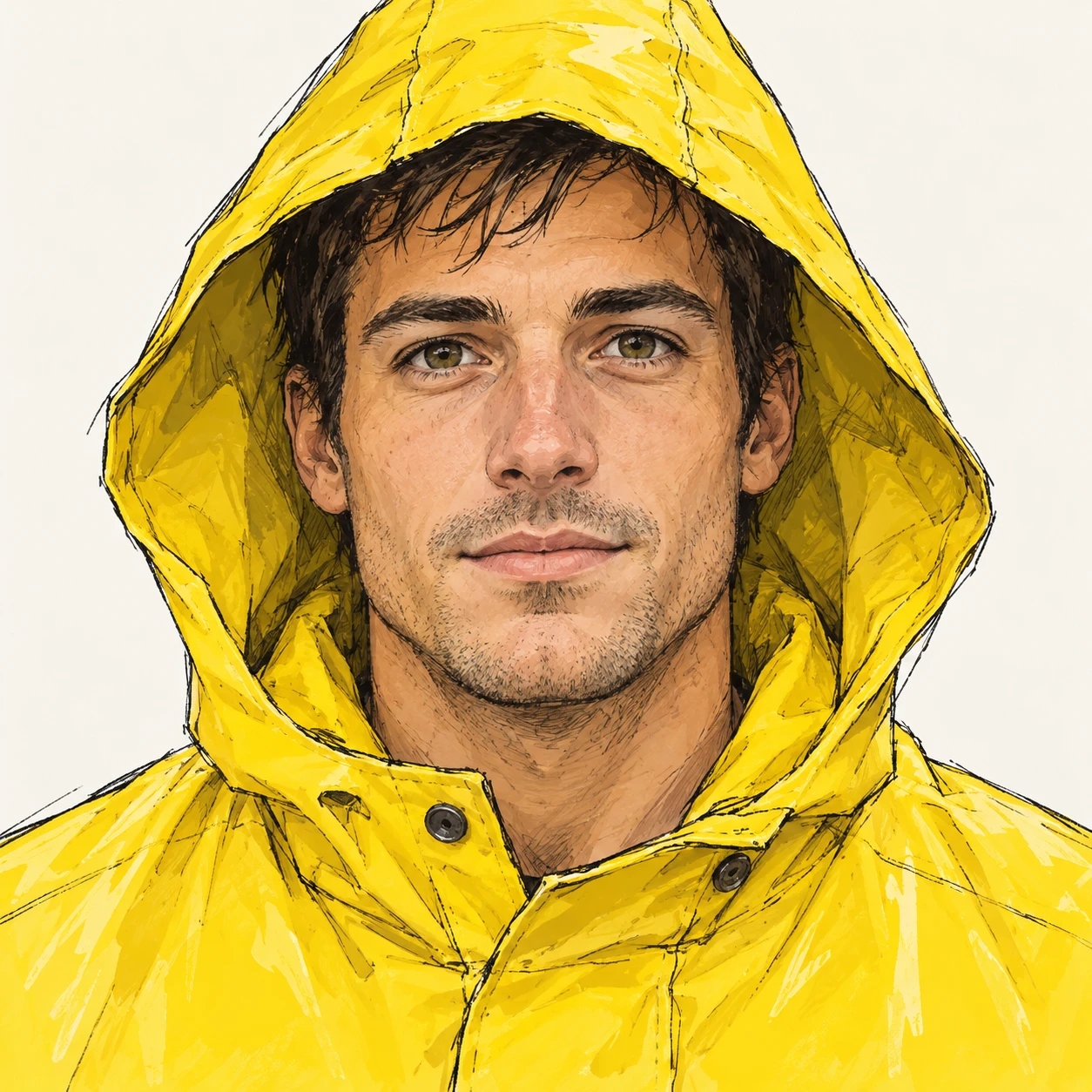 Illustration of one man in a bright yellow raincoat with the hood pulled up over short hair, his head and shoulders seen straight from the front with both eyes looking at the viewer and a calm closed-mouth expression, closely cropped so the head and shoulders fill most of the picture, hands not visible, a plain pale background behind him, the lower edge left as empty background with nothing written on it (hand-drawn)