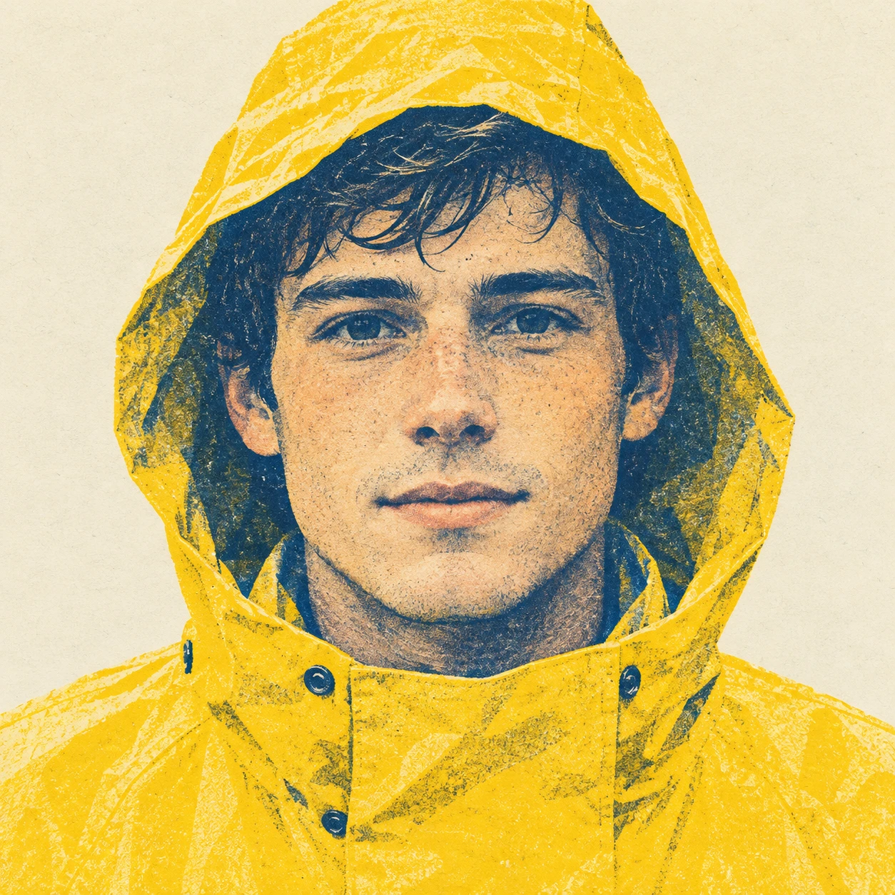 Illustration of one man in a bright yellow raincoat with the hood pulled up over short hair, his head and shoulders seen straight from the front with both eyes looking at the viewer and a calm closed-mouth expression, closely cropped so the head and shoulders fill most of the picture, hands not visible, a plain pale background behind him, the lower edge left as empty background with nothing written on it (retro print)