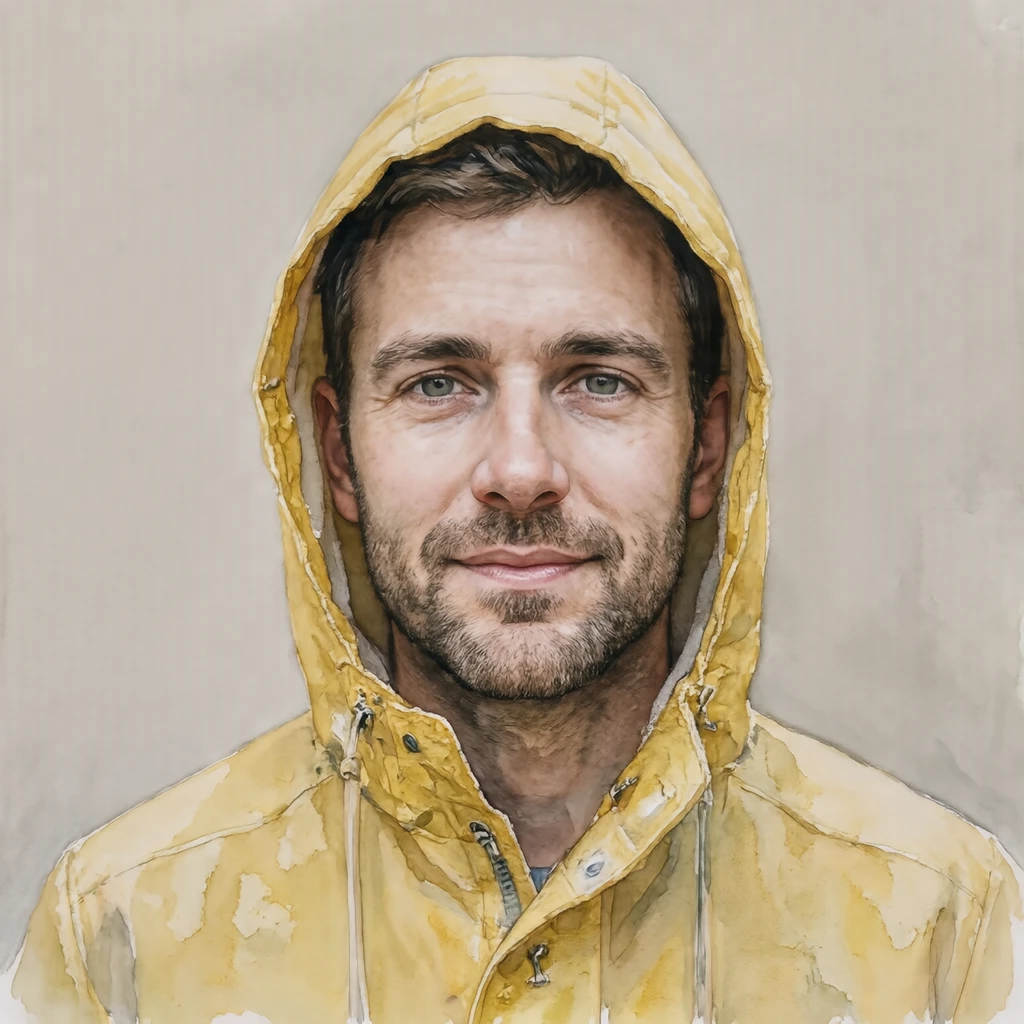 Illustration of one man in a bright yellow raincoat with the hood pulled up over short hair, his head and shoulders seen straight from the front with both eyes looking at the viewer and a calm closed-mouth expression, closely cropped so the head and shoulders fill most of the picture, hands not visible, a plain pale background behind him, the lower edge left as empty background with nothing written on it (watercolor)