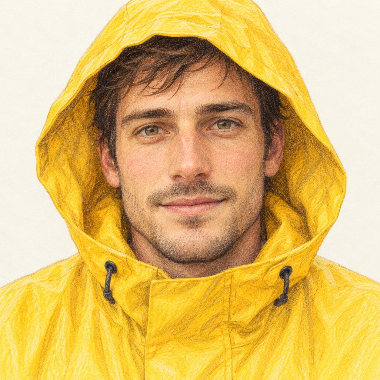 Illustration of one man in a bright yellow raincoat with the hood pulled up over short hair, his head and shoulders seen straight from the front with both eyes looking at the viewer and a calm closed-mouth expression, closely cropped so the head and shoulders fill most of the picture, hands not visible, a plain pale background behind him, the lower edge left as empty background with nothing written on it (colored pencil)