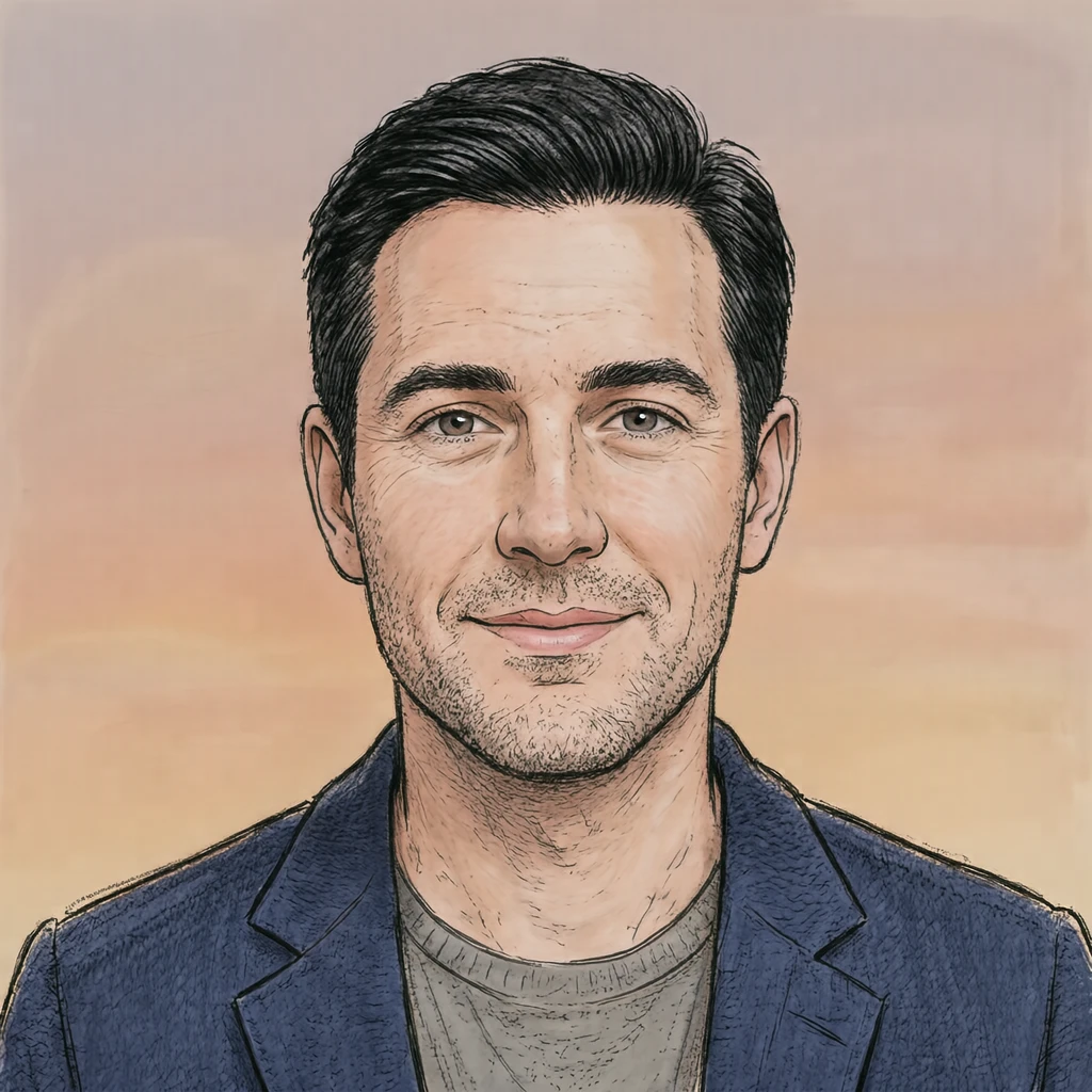 Illustration of one man in a navy blazer with neatly combed black hair, his head and shoulders seen straight from the front with both eyes looking at the viewer and a calm closed-mouth expression, closely cropped so the head and shoulders fill most of the picture, hands not visible, a plain pale background behind him, the lower edge left as empty background with nothing written on it (hand-drawn)