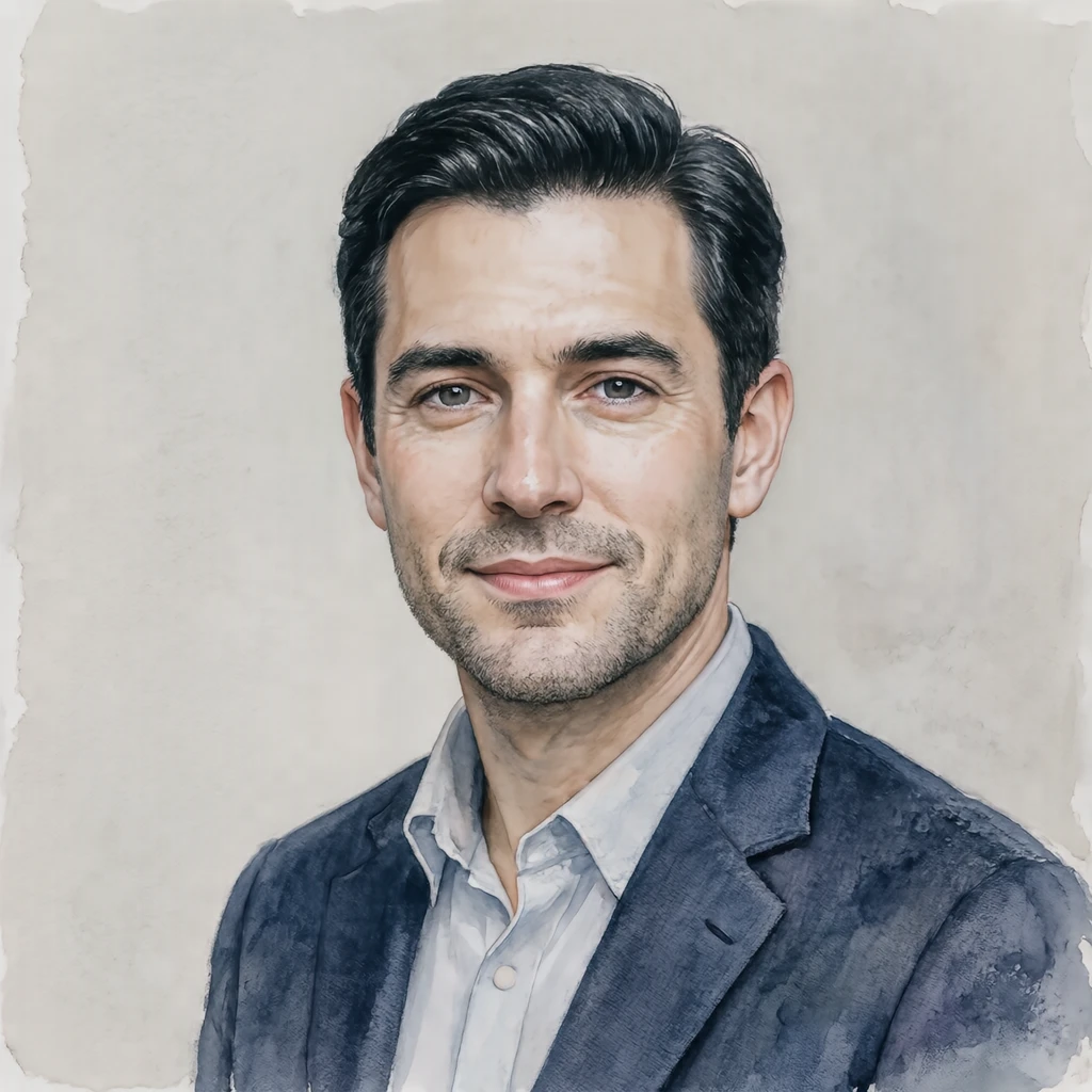 Illustration of one man in a navy blazer with neatly combed black hair, his head and shoulders seen straight from the front with both eyes looking at the viewer and a calm closed-mouth expression, closely cropped so the head and shoulders fill most of the picture, hands not visible, a plain pale background behind him, the lower edge left as empty background with nothing written on it (watercolor)