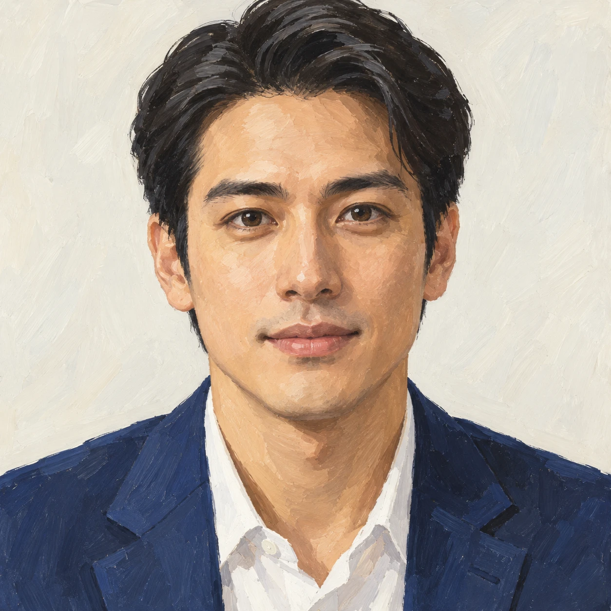 Illustration of one man in a navy blazer with neatly combed black hair, his head and shoulders seen straight from the front with both eyes looking at the viewer and a calm closed-mouth expression, closely cropped so the head and shoulders fill most of the picture, hands not visible, a plain pale background behind him, the lower edge left as empty background with nothing written on it (gouache)