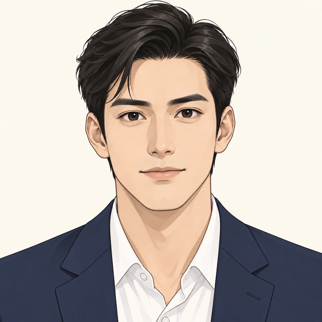 Illustration of one man in a navy blazer with neatly combed black hair, his head and shoulders seen straight from the front with both eyes looking at the viewer and a calm closed-mouth expression, closely cropped so the head and shoulders fill most of the picture, hands not visible, a plain pale background behind him, the lower edge left as empty background with nothing written on it (simple line art)