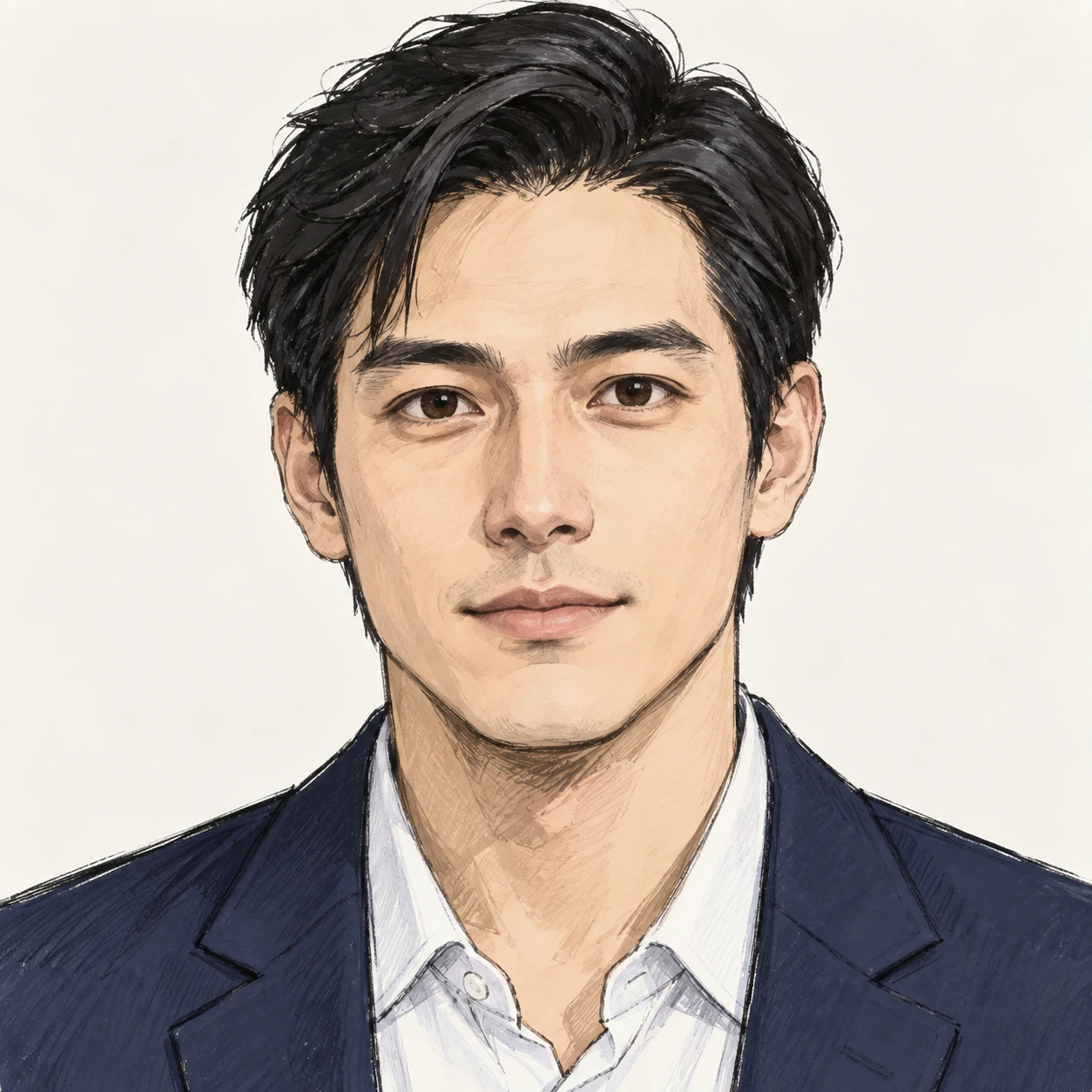 無地を背にした正面向きの紺のブレザーの男性のイラスト（手描き風）