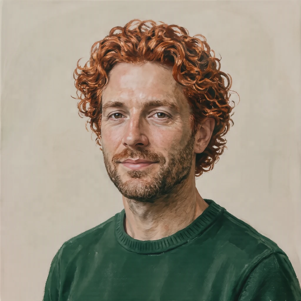 Illustration of one man with copper red curls and a dark green shirt, his head and shoulders seen at a three-quarter angle with his face turned slightly to one side, both eyes visible and looking at the viewer with a calm closed-mouth expression, closely cropped so the head and shoulders fill most of the picture, hands not visible, a plain pale background behind him, the lower edge left as empty background with nothing written on it (gouache)