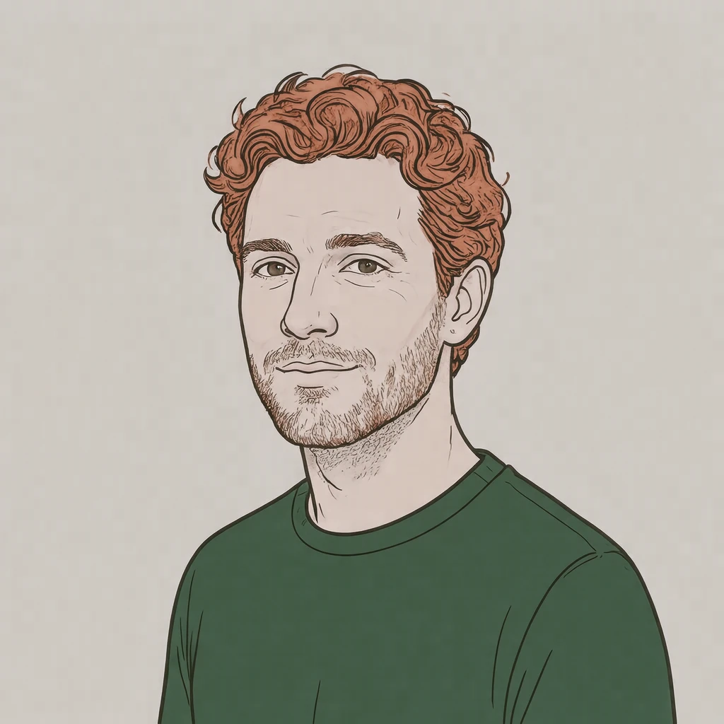 Illustration of one man with copper red curls and a dark green shirt, his head and shoulders seen at a three-quarter angle with his face turned slightly to one side, both eyes visible and looking at the viewer with a calm closed-mouth expression, closely cropped so the head and shoulders fill most of the picture, hands not visible, a plain pale background behind him, the lower edge left as empty background with nothing written on it (simple line art)