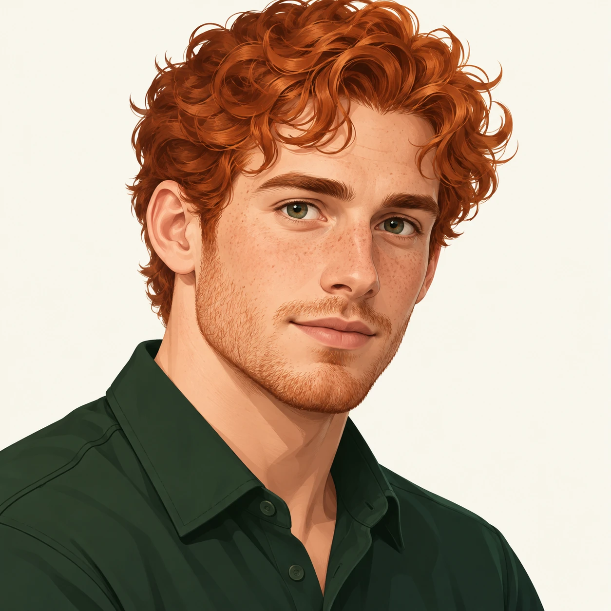 Illustration of one man with copper red curls and a dark green shirt, his head and shoulders seen at a three-quarter angle with his face turned slightly to one side, both eyes visible and looking at the viewer with a calm closed-mouth expression, closely cropped so the head and shoulders fill most of the picture, hands not visible, a plain pale background behind him, the lower edge left as empty background with nothing written on it (isometric)