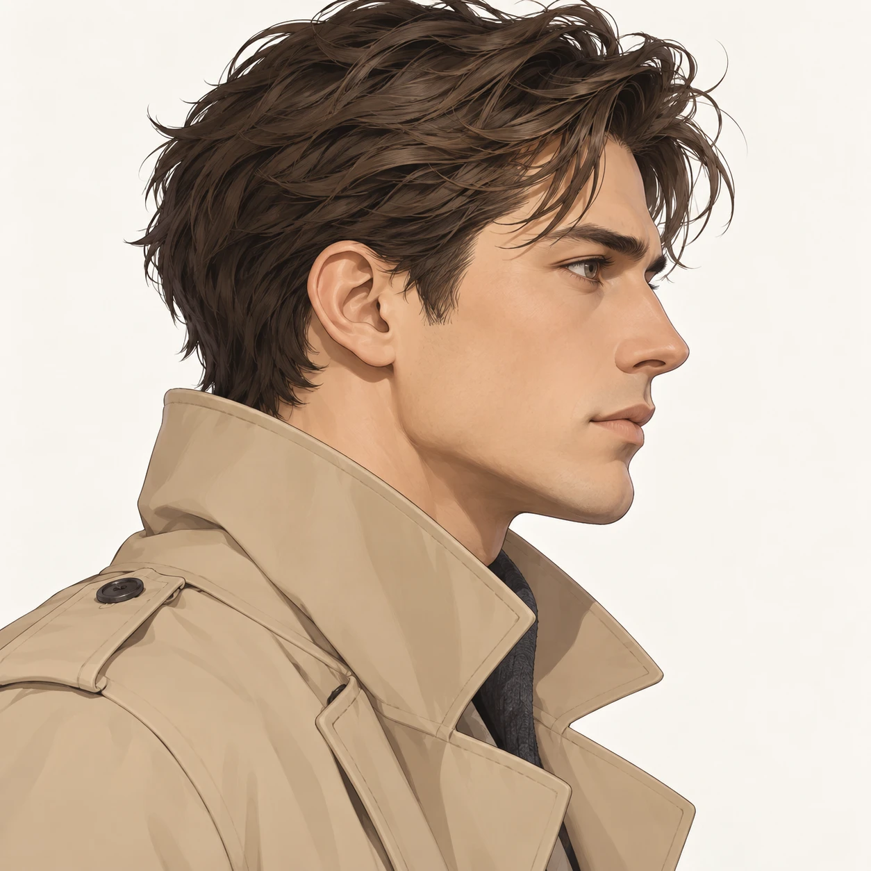 Illustration of one man in a beige trench coat with the collar turned up and slightly ruffled hair, his head and shoulders seen in full profile from the side with his gaze level ahead and a calm closed-mouth expression, closely cropped so the head and shoulders fill most of the picture, hands not visible, a plain pale background behind him, the lower edge left as empty background with nothing written on it (isometric)