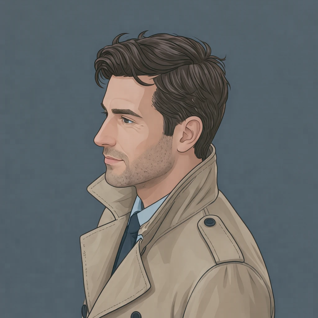 Illustration of one man in a beige trench coat with the collar turned up and slightly ruffled hair, his head and shoulders seen in full profile from the side with his gaze level ahead and a calm closed-mouth expression, closely cropped so the head and shoulders fill most of the picture, hands not visible, a plain pale background behind him, the lower edge left as empty background with nothing written on it (isometric)