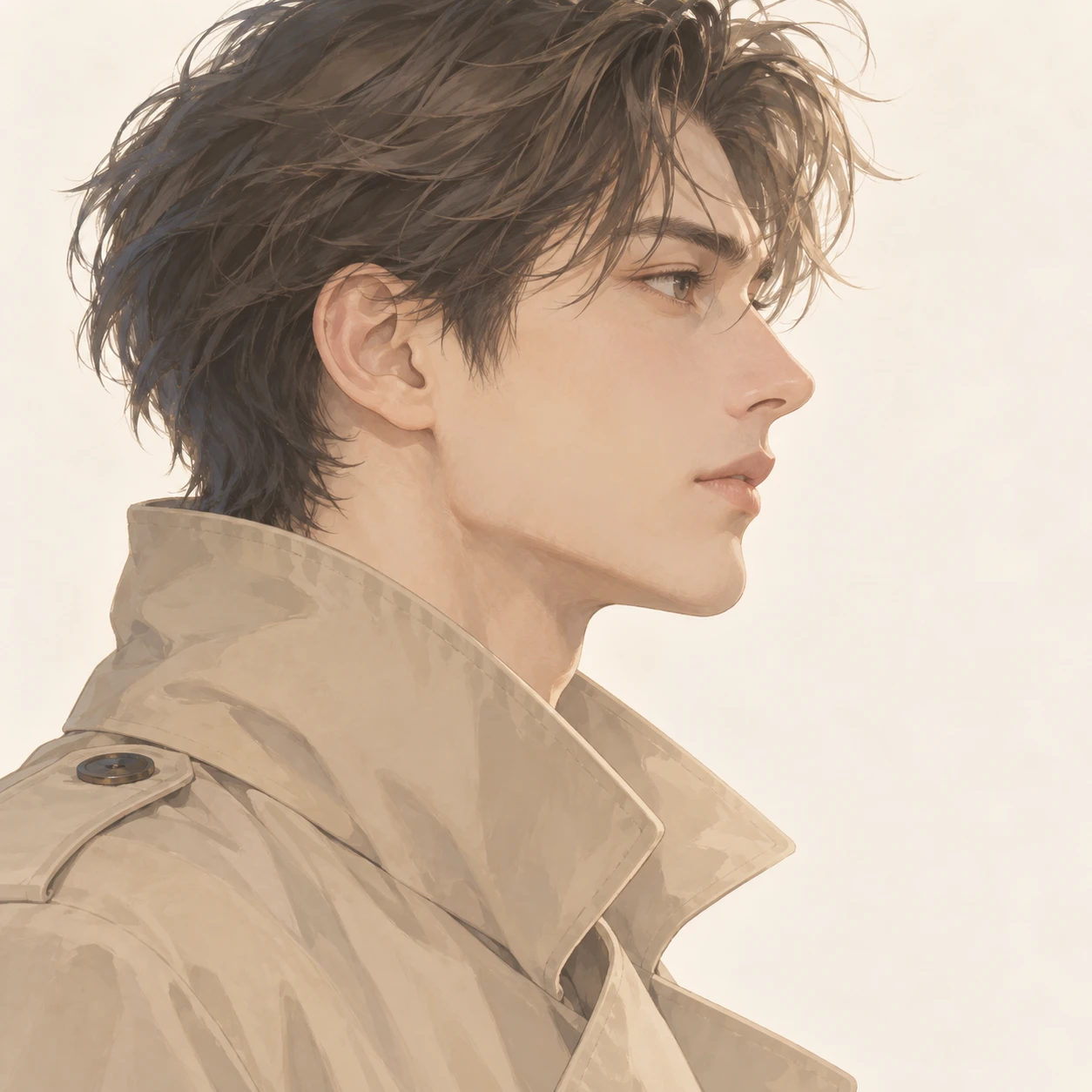 Illustration of one man in a beige trench coat with the collar turned up and slightly ruffled hair, his head and shoulders seen in full profile from the side with his gaze level ahead and a calm closed-mouth expression, closely cropped so the head and shoulders fill most of the picture, hands not visible, a plain pale background behind him, the lower edge left as empty background with nothing written on it (soft pastel)