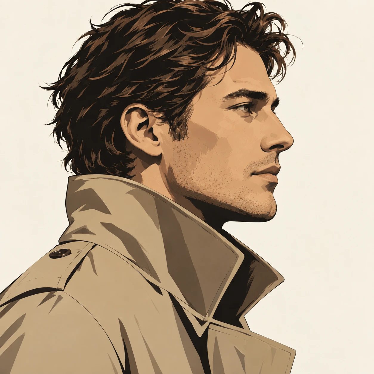Illustration of one man in a beige trench coat with the collar turned up and slightly ruffled hair, his head and shoulders seen in full profile from the side with his gaze level ahead and a calm closed-mouth expression, closely cropped so the head and shoulders fill most of the picture, hands not visible, a plain pale background behind him, the lower edge left as empty background with nothing written on it (bold graphic)
